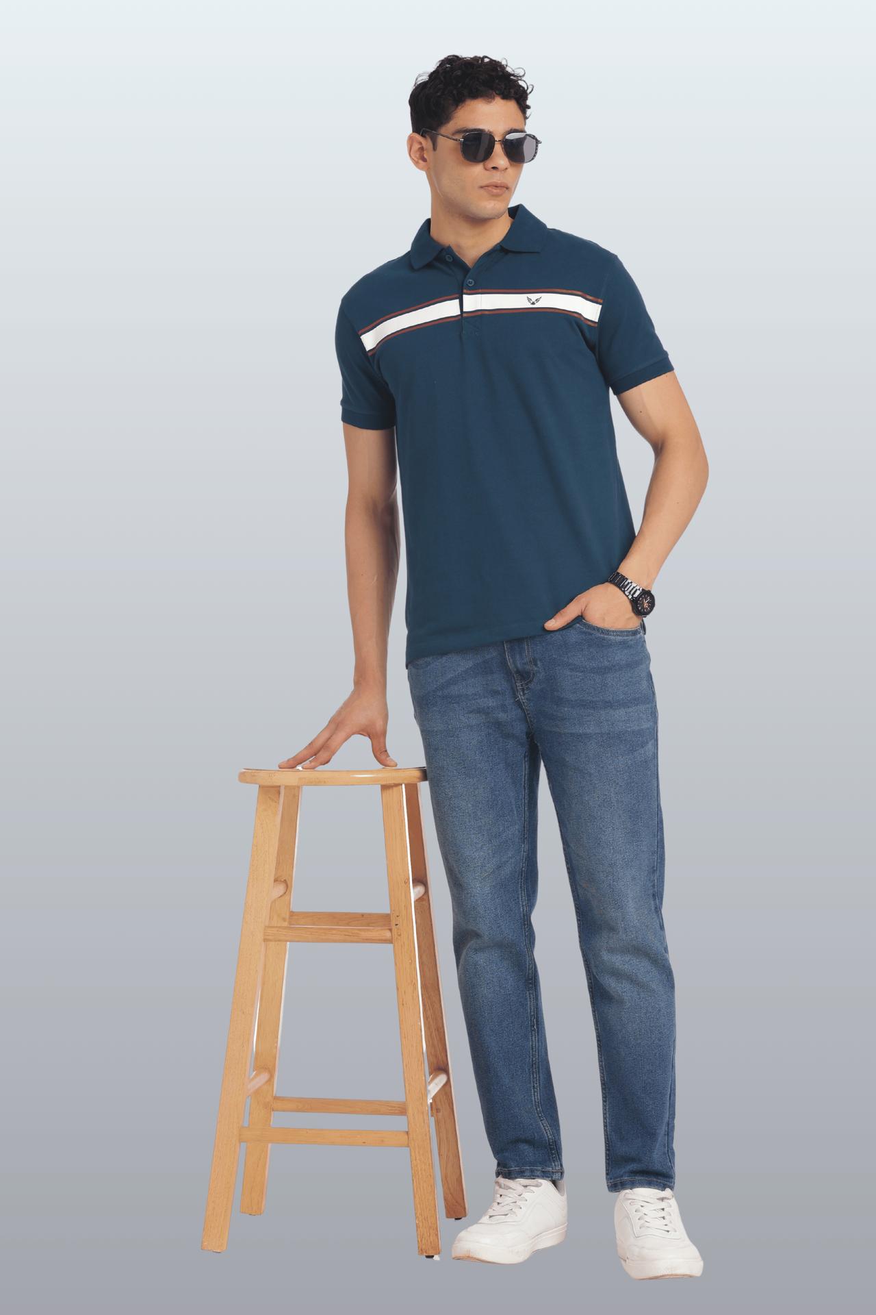 Men's Cotton Rich Polo T Shirt Regular Fit - Peacock Stripe Print image 3