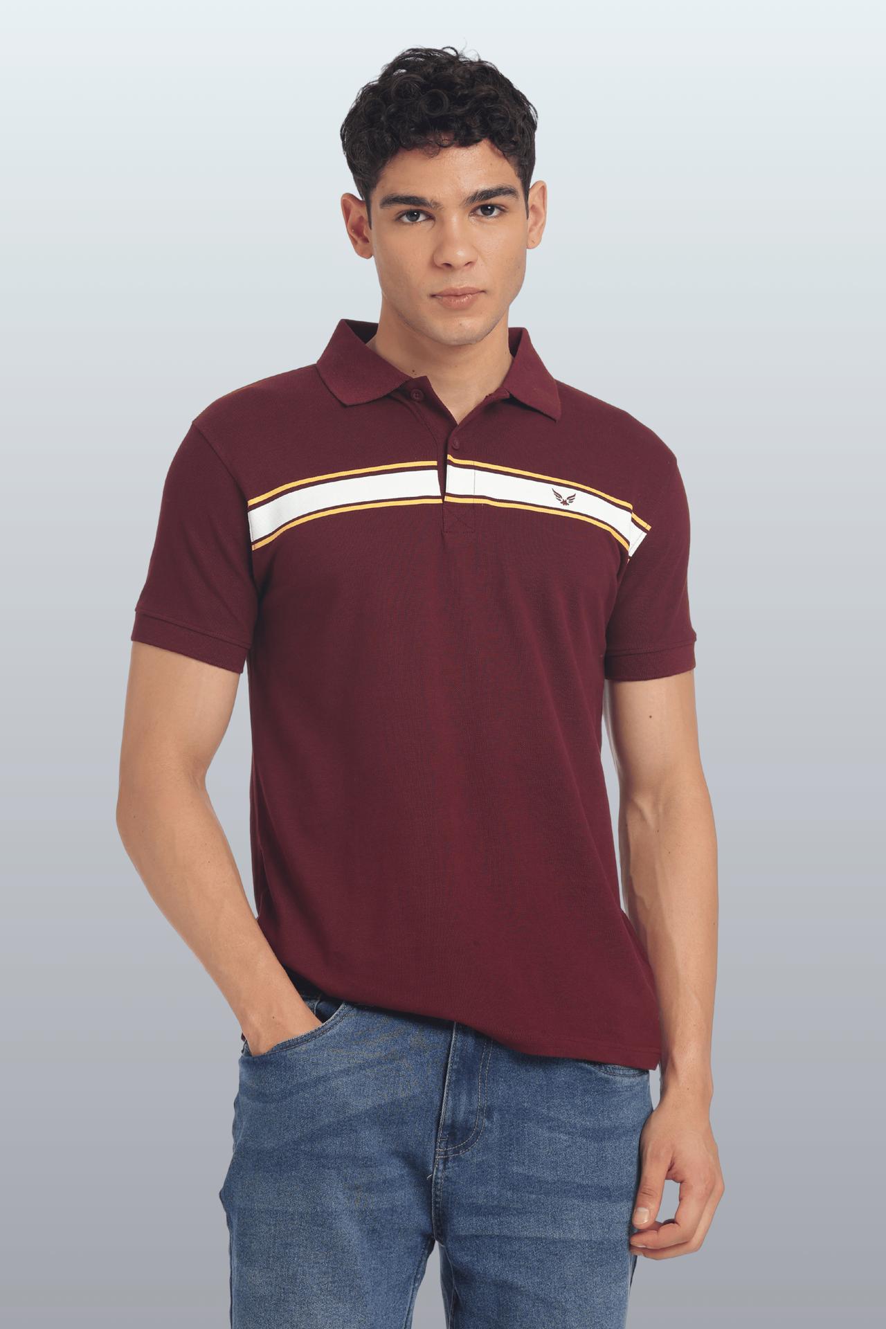 Men's Cotton Rich Polo T Shirt Regular Fit - Maroon Stripe Print