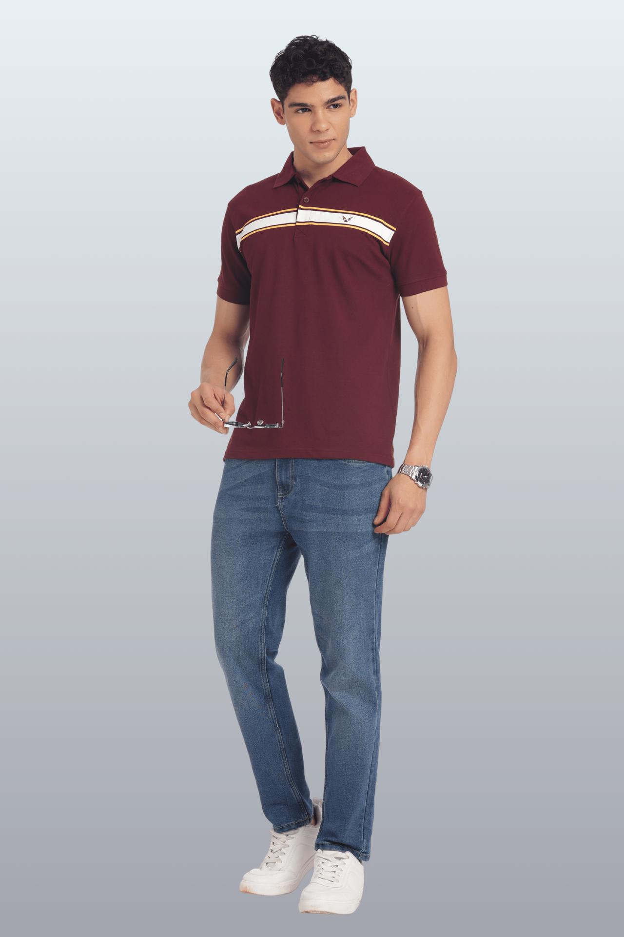 Men's Cotton Rich Polo T Shirt Regular Fit - Maroon Stripe Print image 2