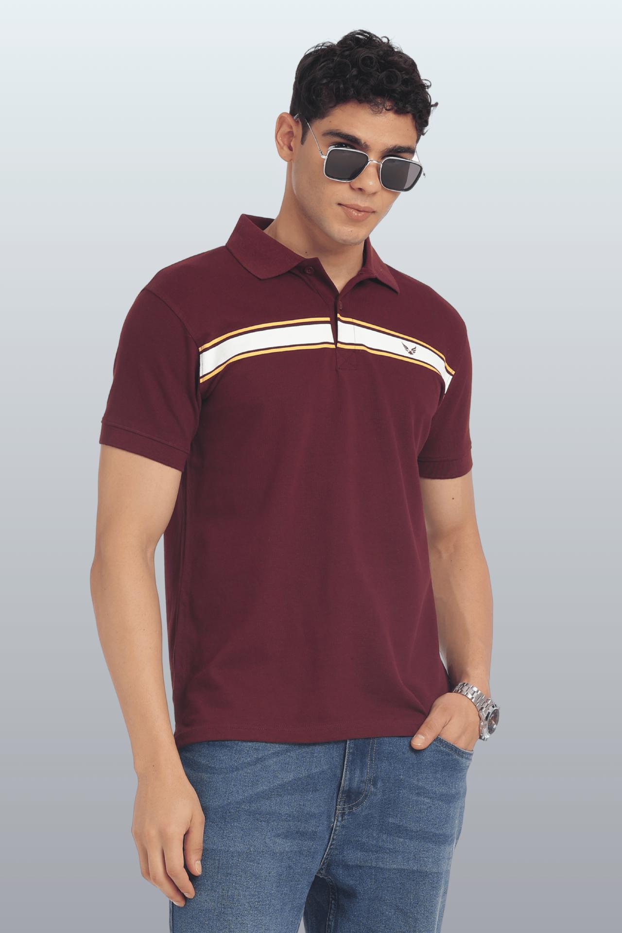 Men's Cotton Rich Polo T Shirt Regular Fit - Maroon Stripe Print image 3