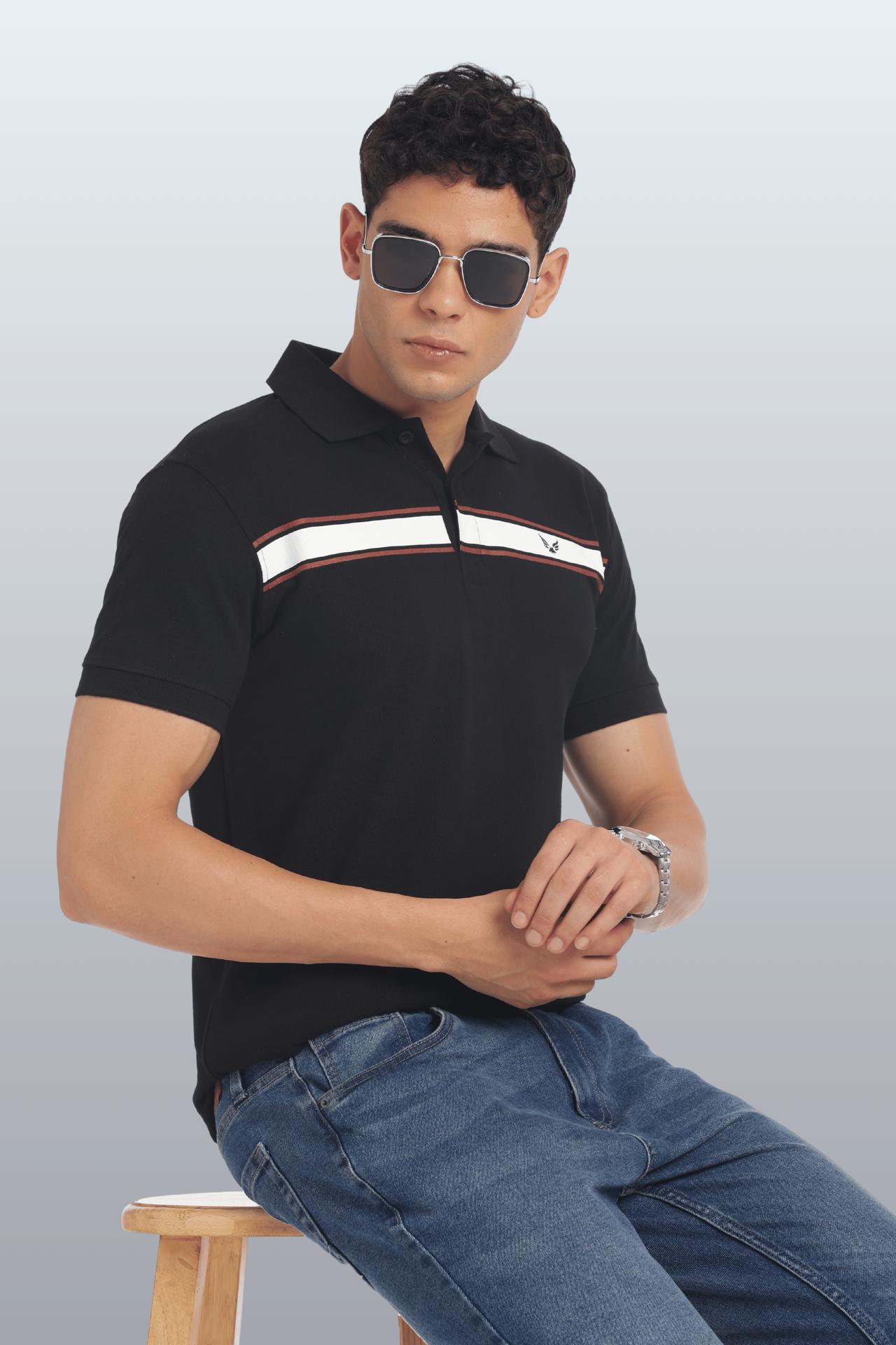 Men's Cotton Rich Polo T Shirt Regular Fit - Black Stripe Print image 2