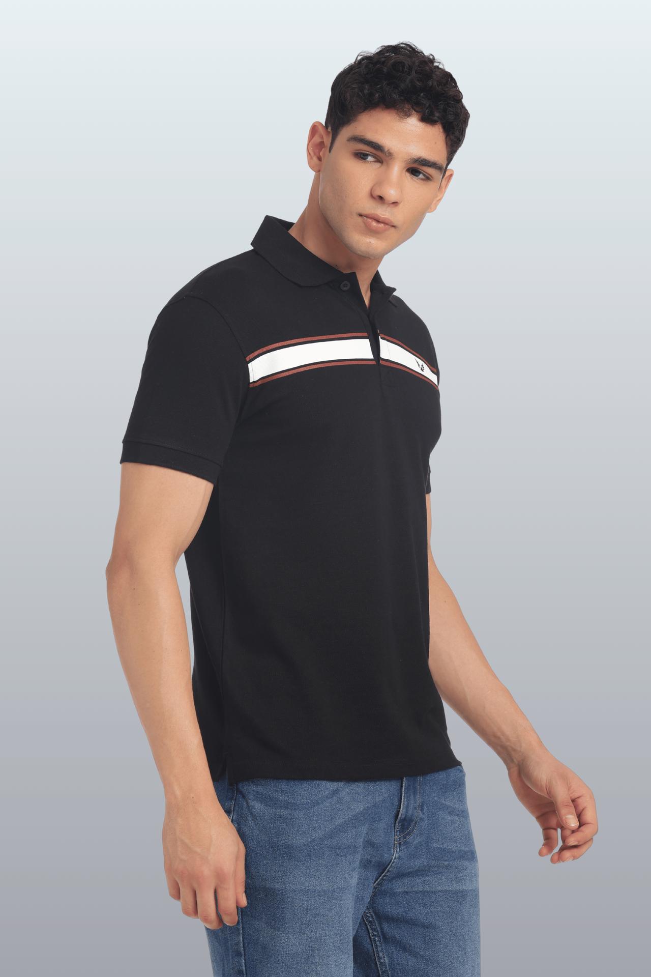 Men's Cotton Rich Polo T Shirt Regular Fit - Black Stripe Print image 3