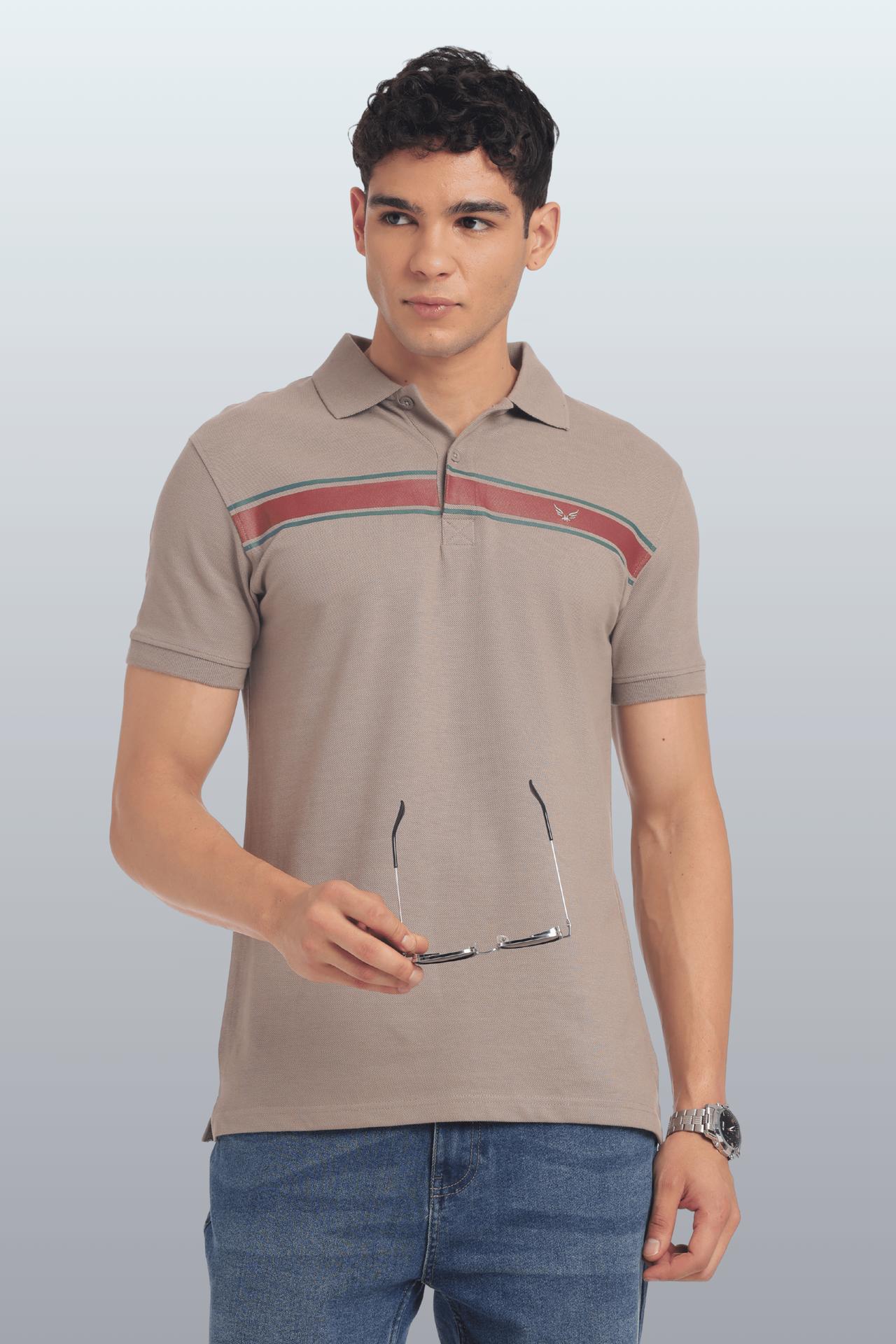 Men's Cotton Rich Polo T Shirt Regular Fit - Beige Stripe Print