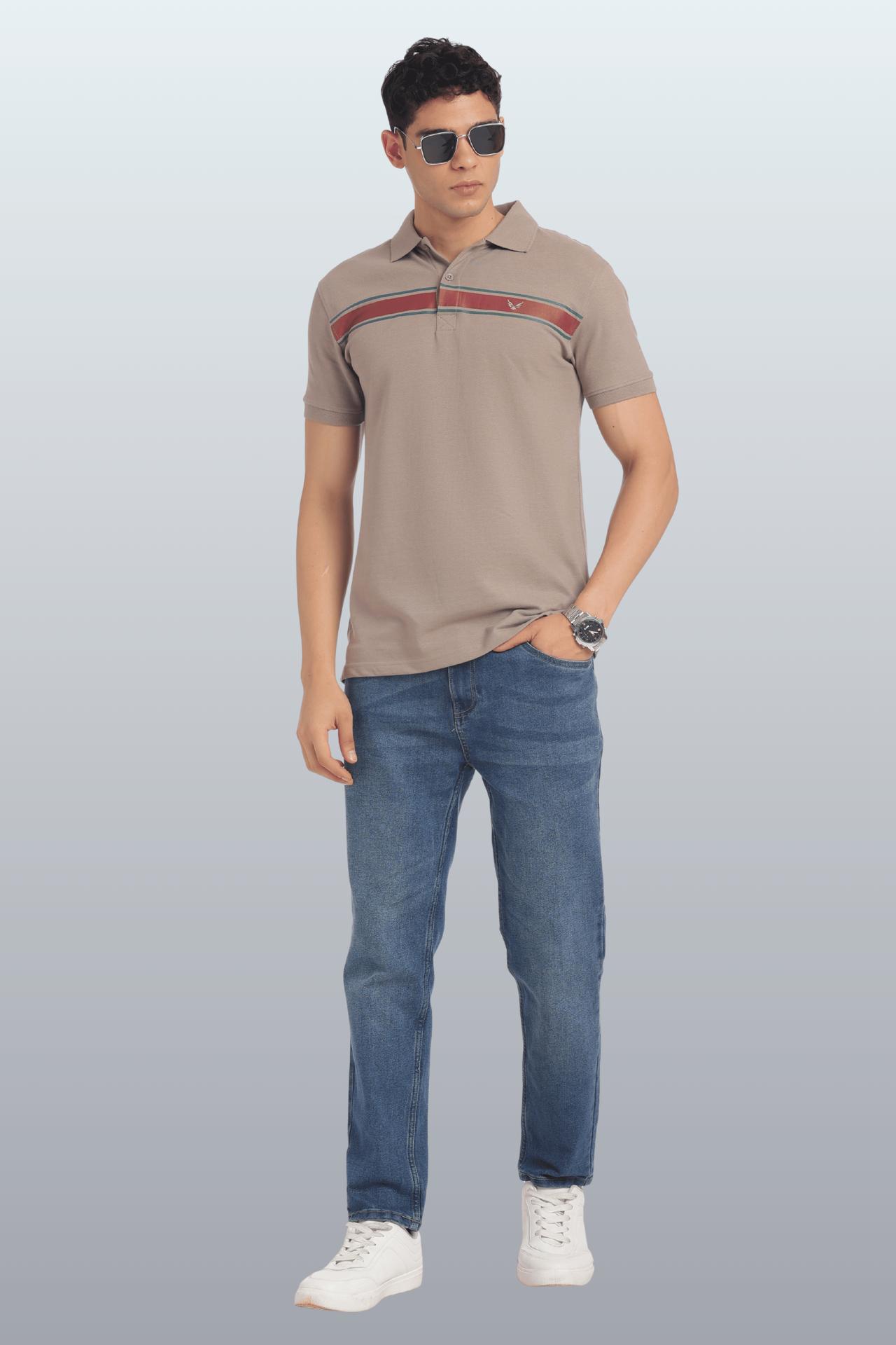 Men's Cotton Rich Polo T Shirt Regular Fit - Beige Stripe Print image 2