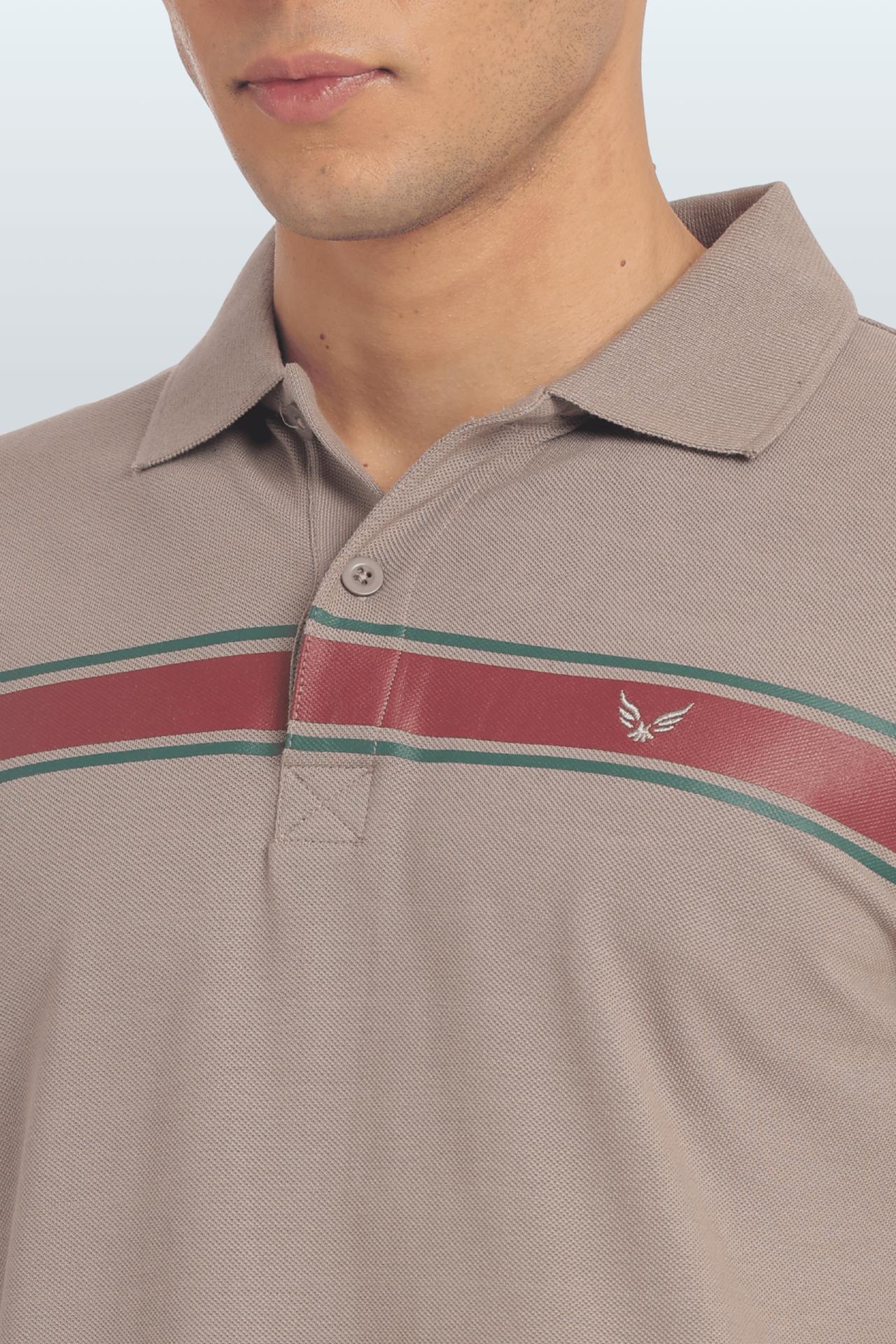 Men's Cotton Rich Polo T Shirt Regular Fit - Beige Stripe Print image 3