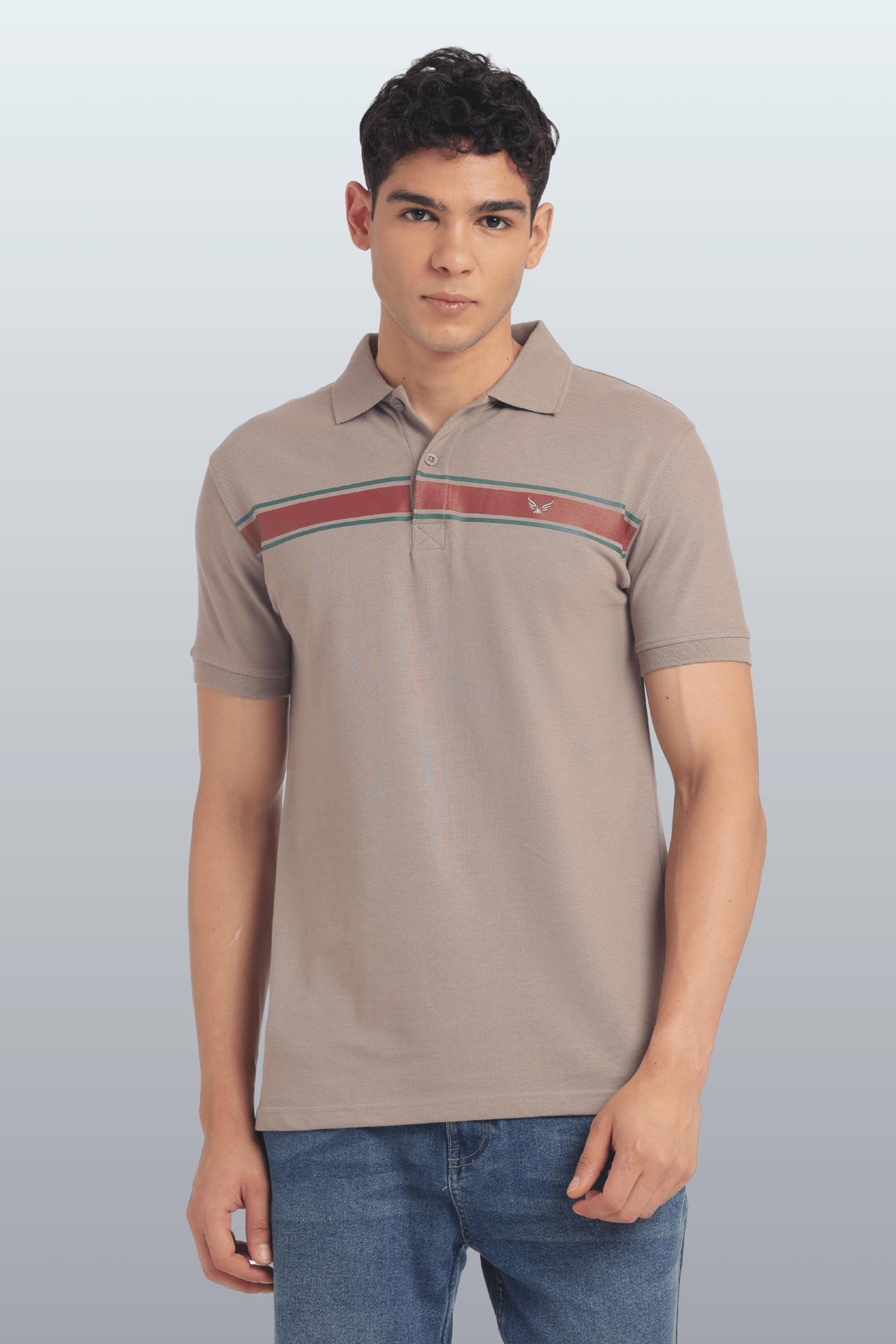 Men's Cotton Rich Polo T Shirt Regular Fit - Beige Stripe Print image 4