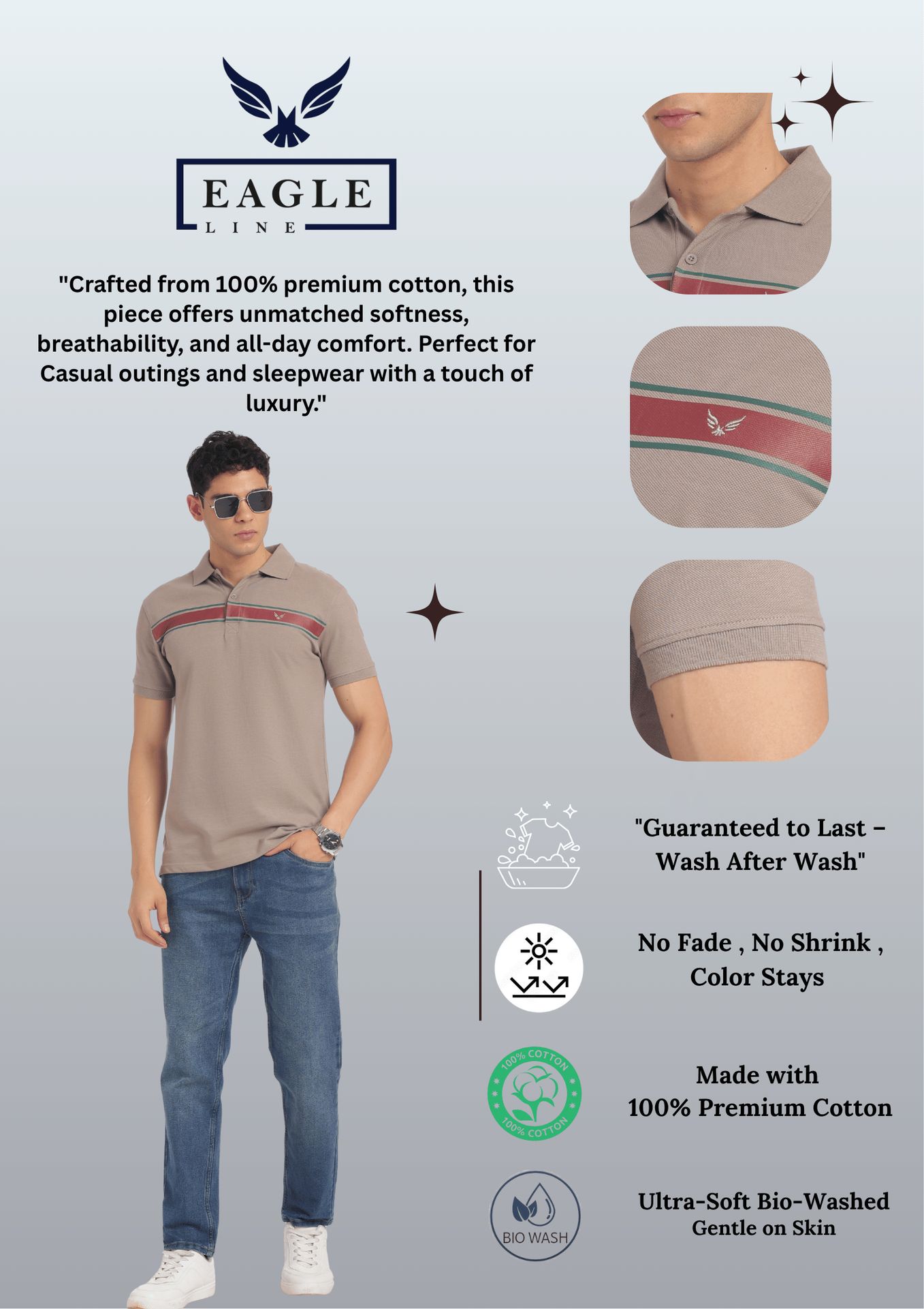 Men's Cotton Rich Polo T Shirt Regular Fit - Beige Stripe Print image 5