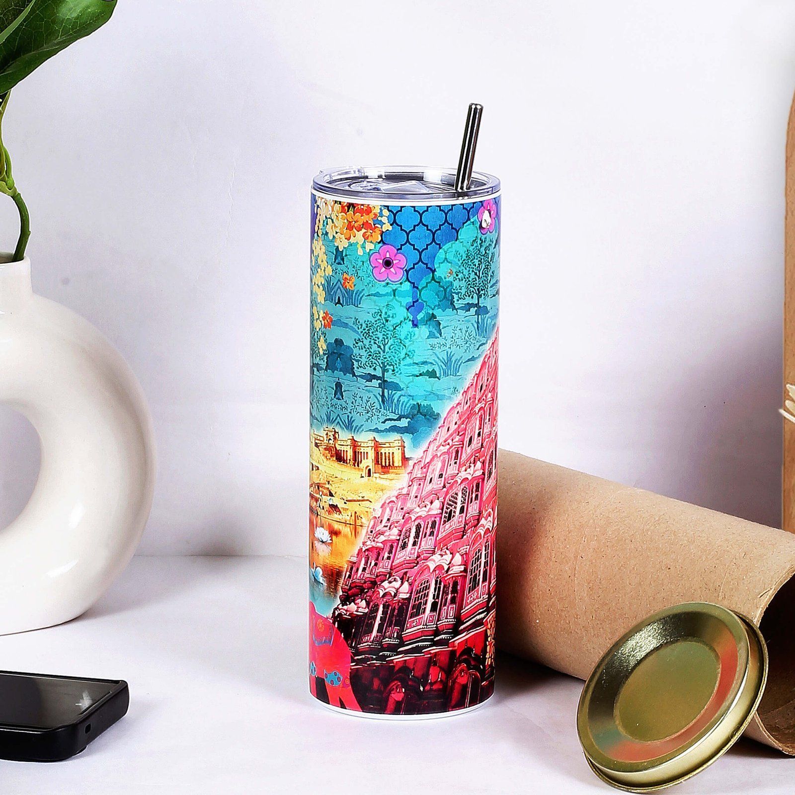 Hawa Mahal Stainless Steel Tumbler With Straw