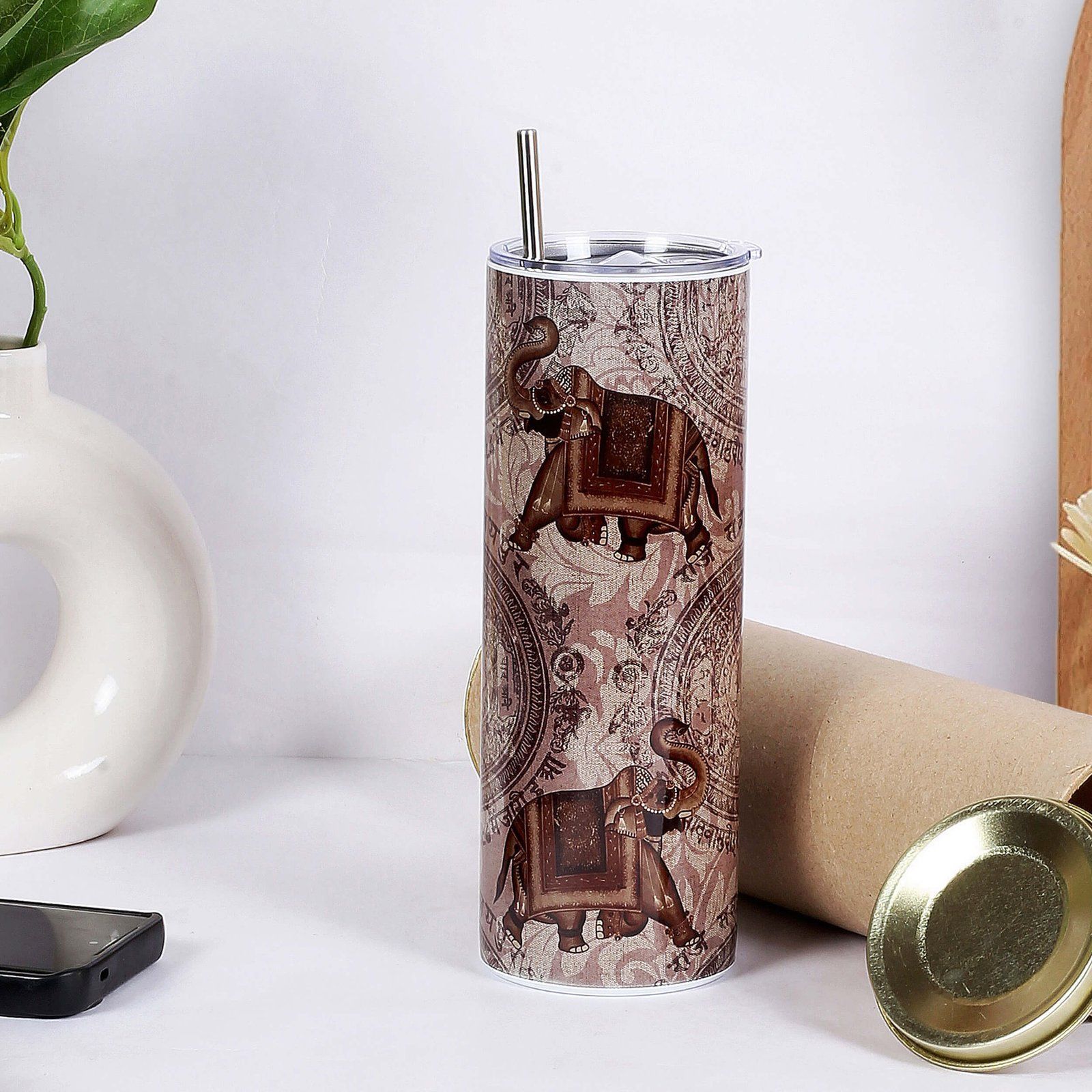 Royal Elephant Procession Stainless Steel Tumbler With Straw