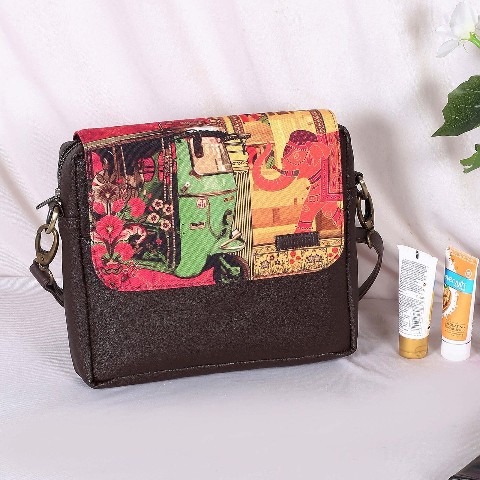 Auto Rickshaw, Elephant & Floral Art Sling Bag