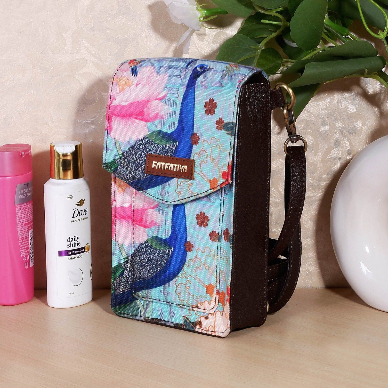 Peacock Print Mobile Sling Bag For Women | Floral Crossbody Phone Bag Small Purse