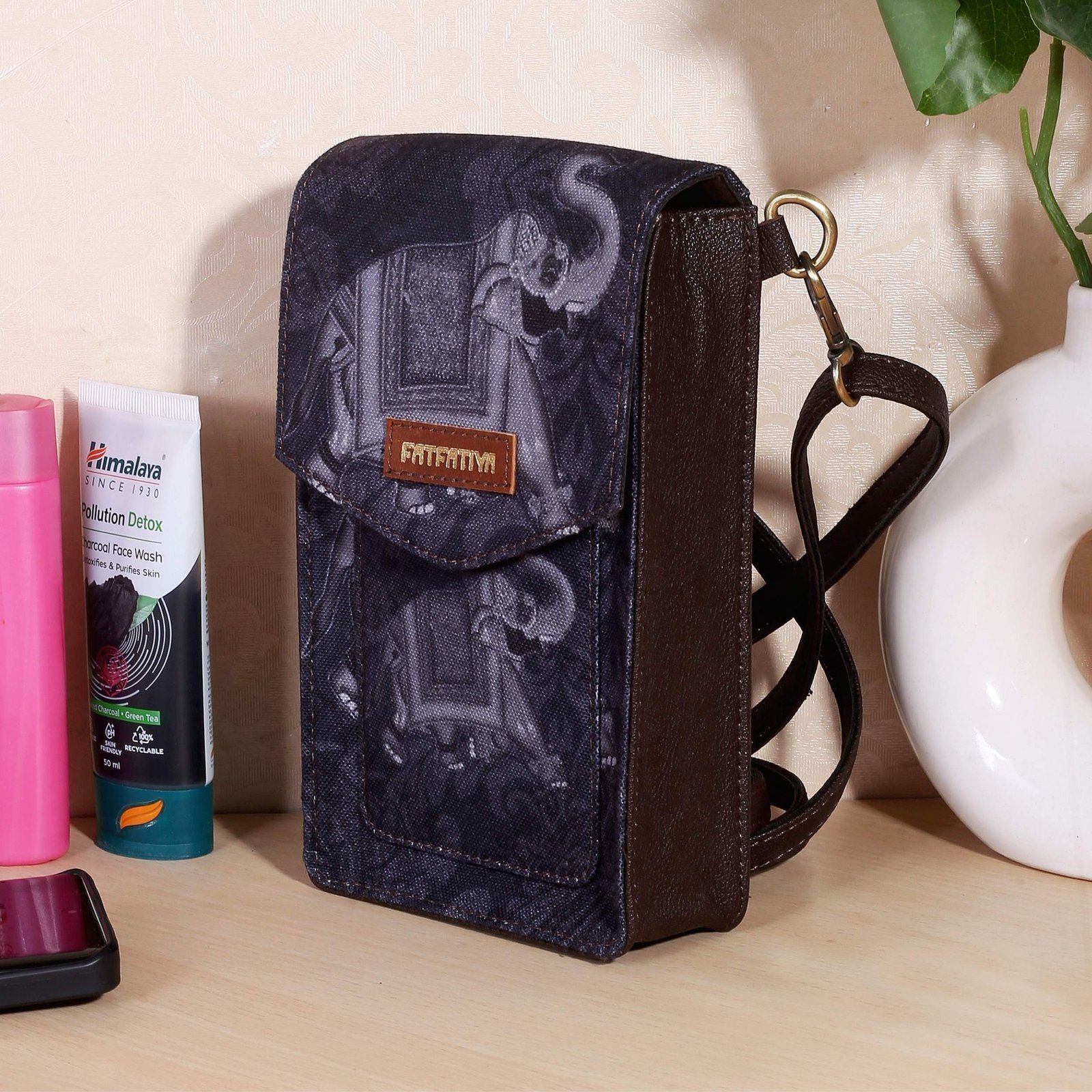 Black Elephant Print Mobile Sling Bag For Women