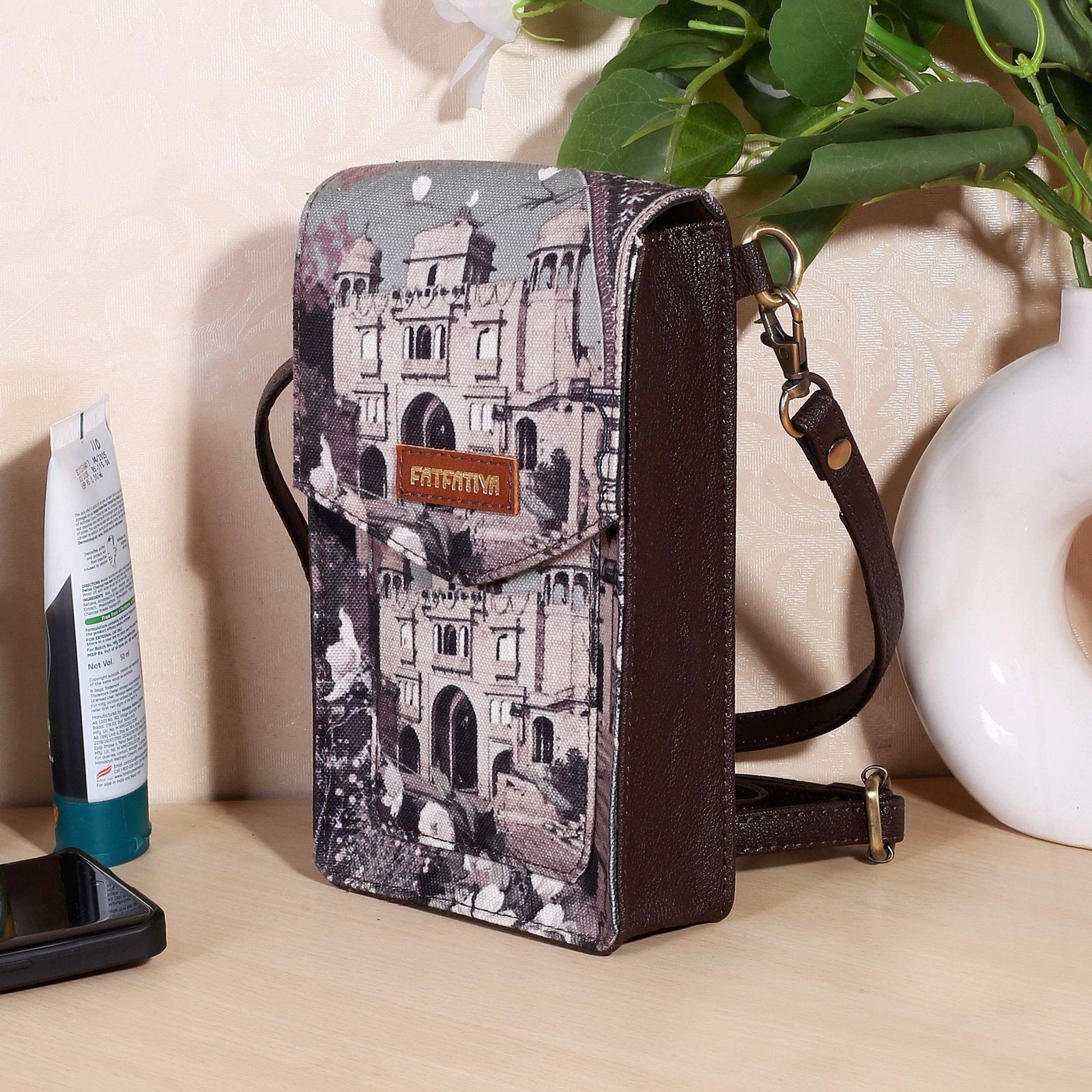 Vintage Architectural Print Mobile Sling Bag For Women
