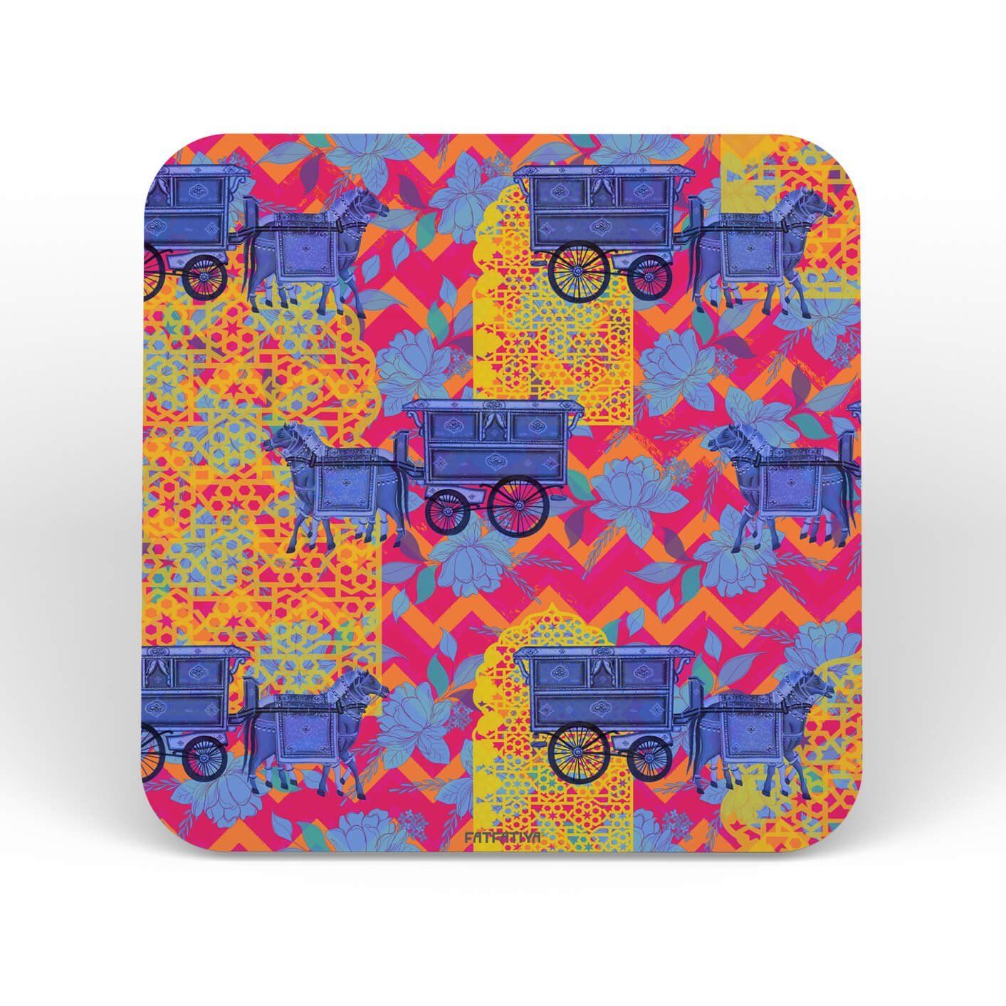 Blue Horse Cart Printed Table Coaster Set
