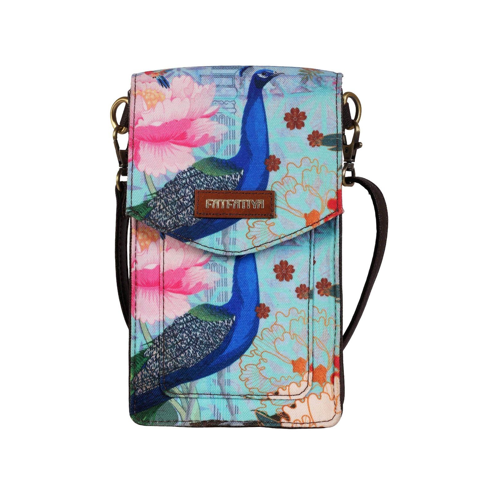 Peacock Print Mobile Sling Bag For Women | Floral Crossbody Phone Bag Small Purse image 2