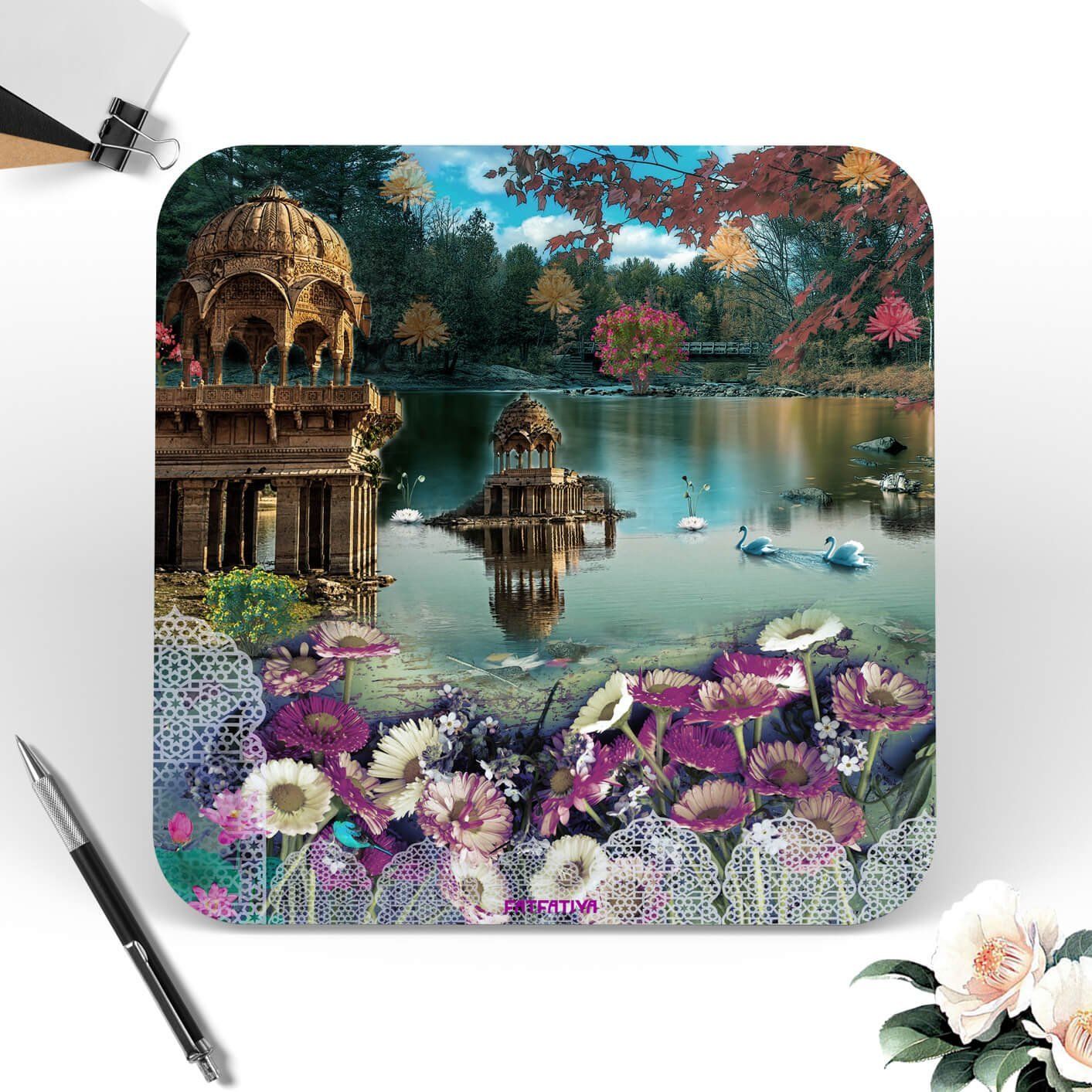 Traditional Rajasthani Lake Scene Table Coasters Set Of 6 image 2