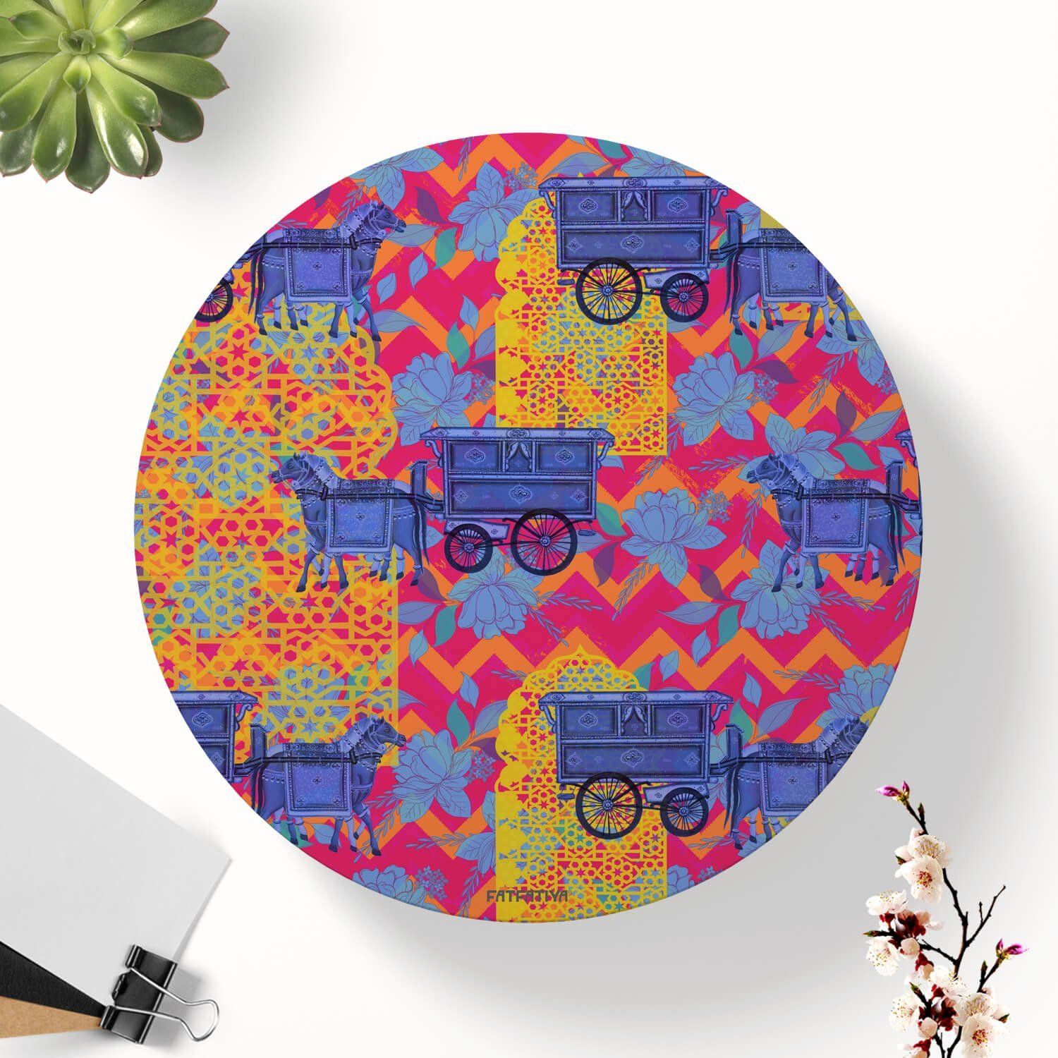 Blue Horse Cart Printed Round Coaster Set image 2