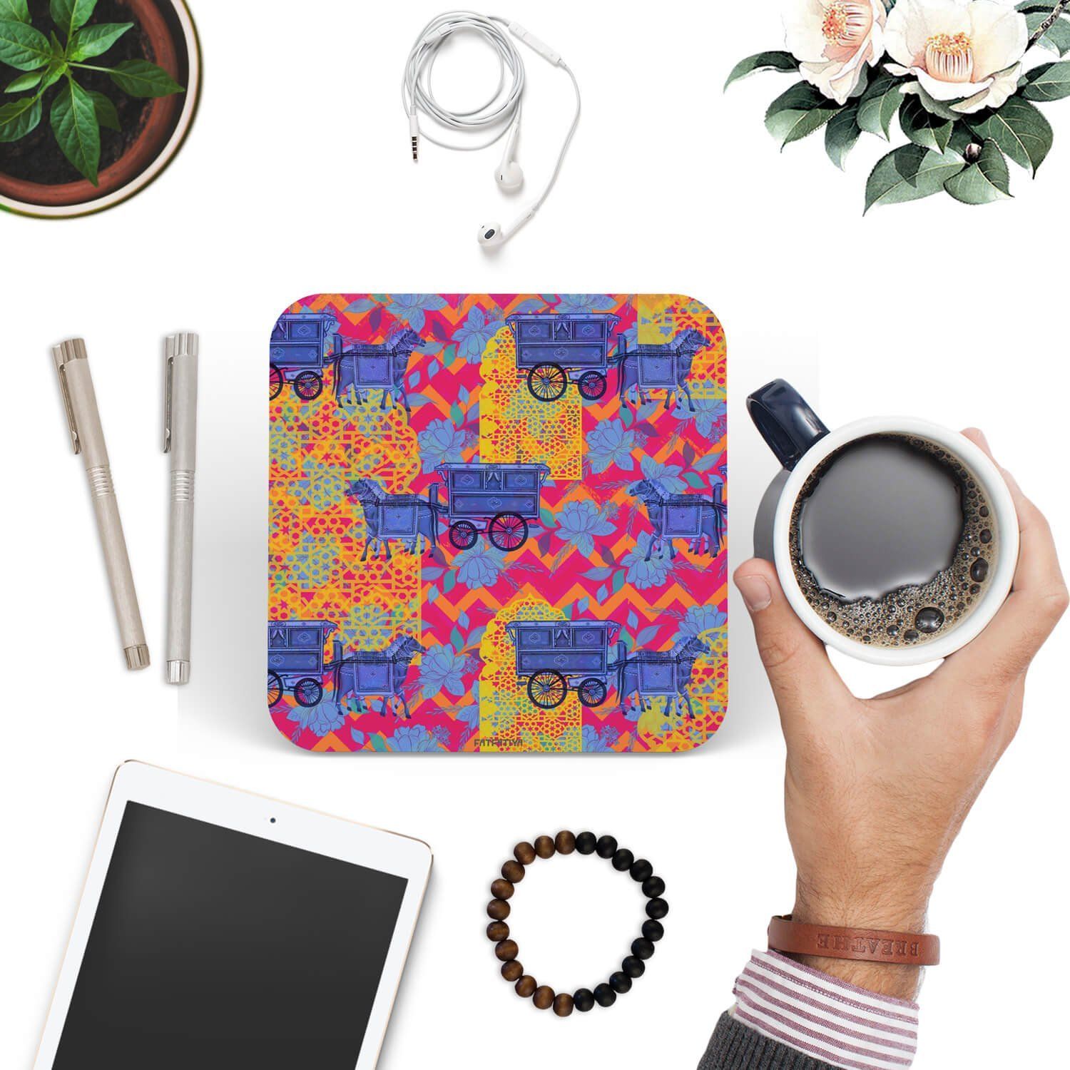 Blue Horse Cart Printed Table Coaster Set image 3