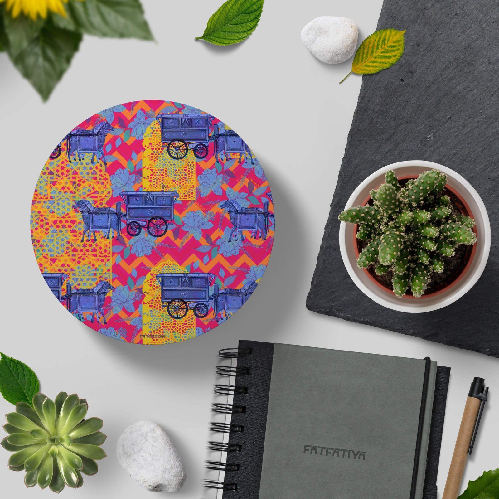 Blue Horse Cart Printed Round Coaster Set image 3