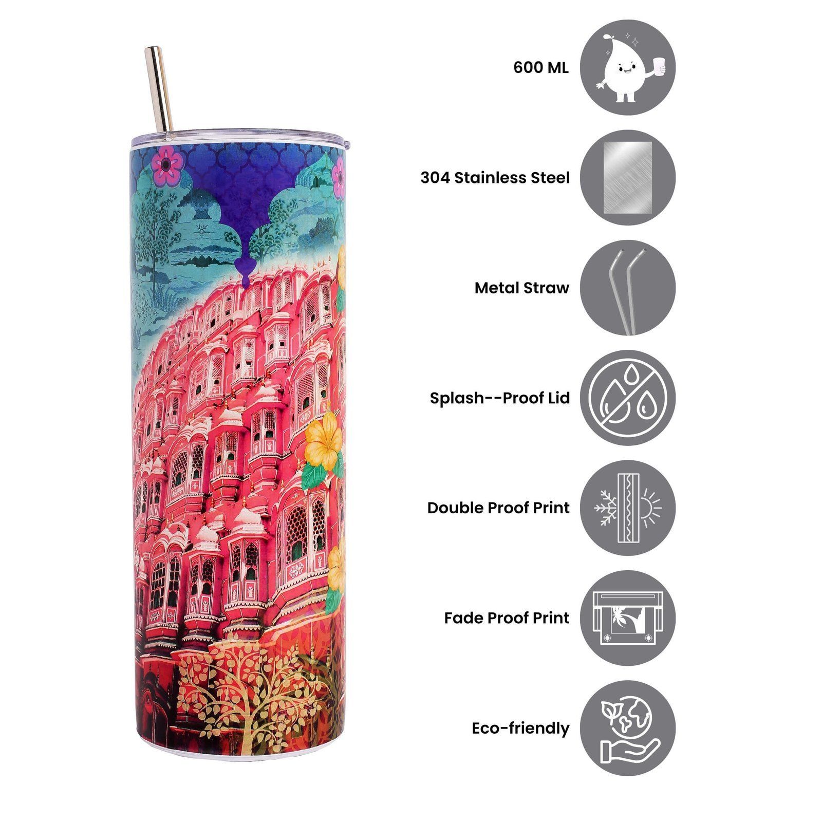 Hawa Mahal Stainless Steel Tumbler With Straw image 4