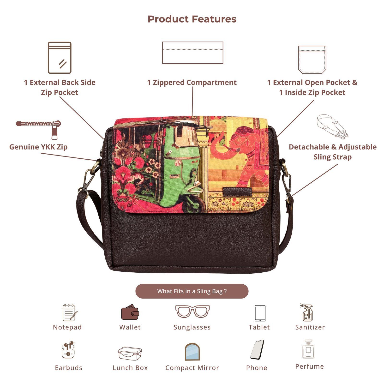 Auto Rickshaw, Elephant & Floral Art Sling Bag image 4