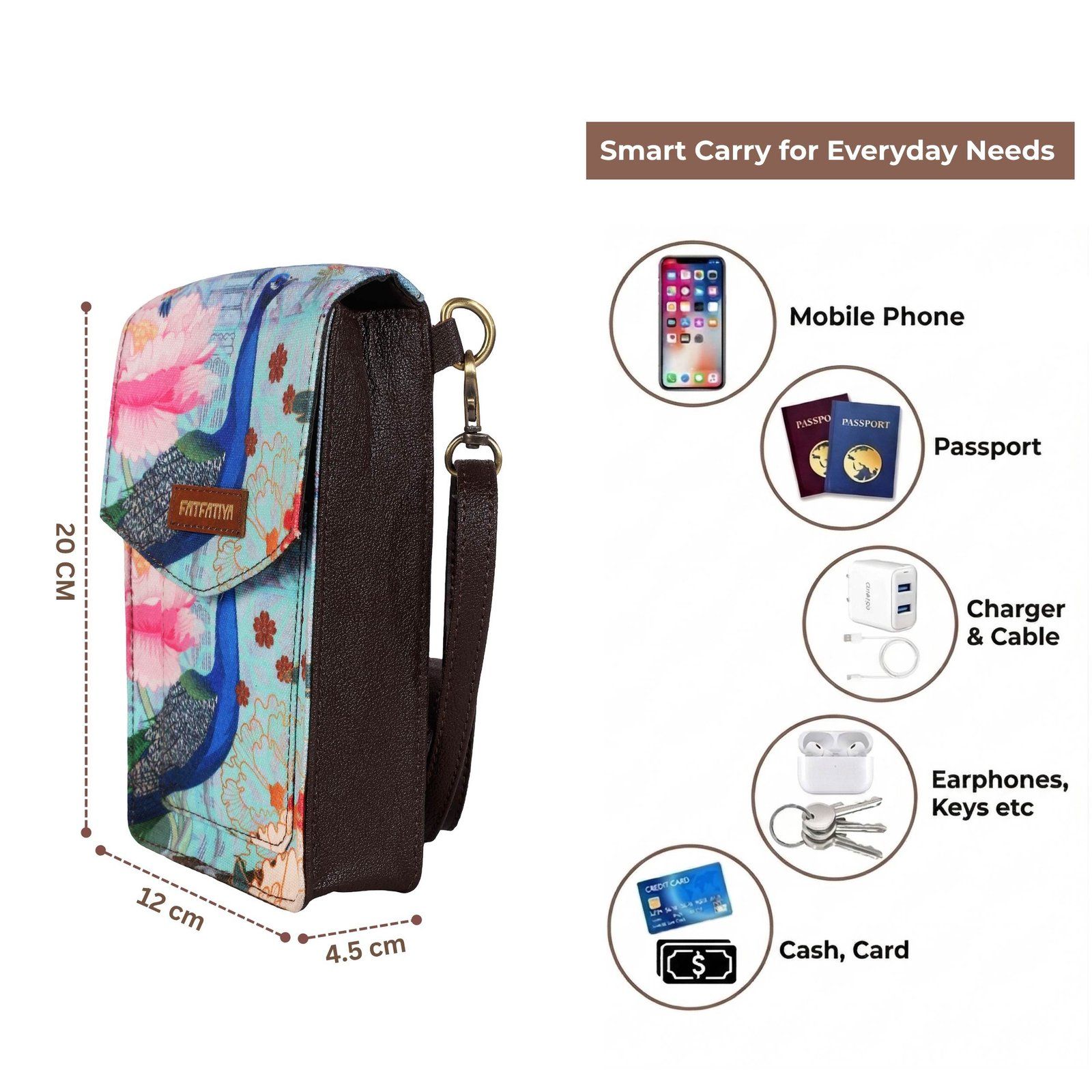 Peacock Print Mobile Sling Bag For Women | Floral Crossbody Phone Bag Small Purse image 4