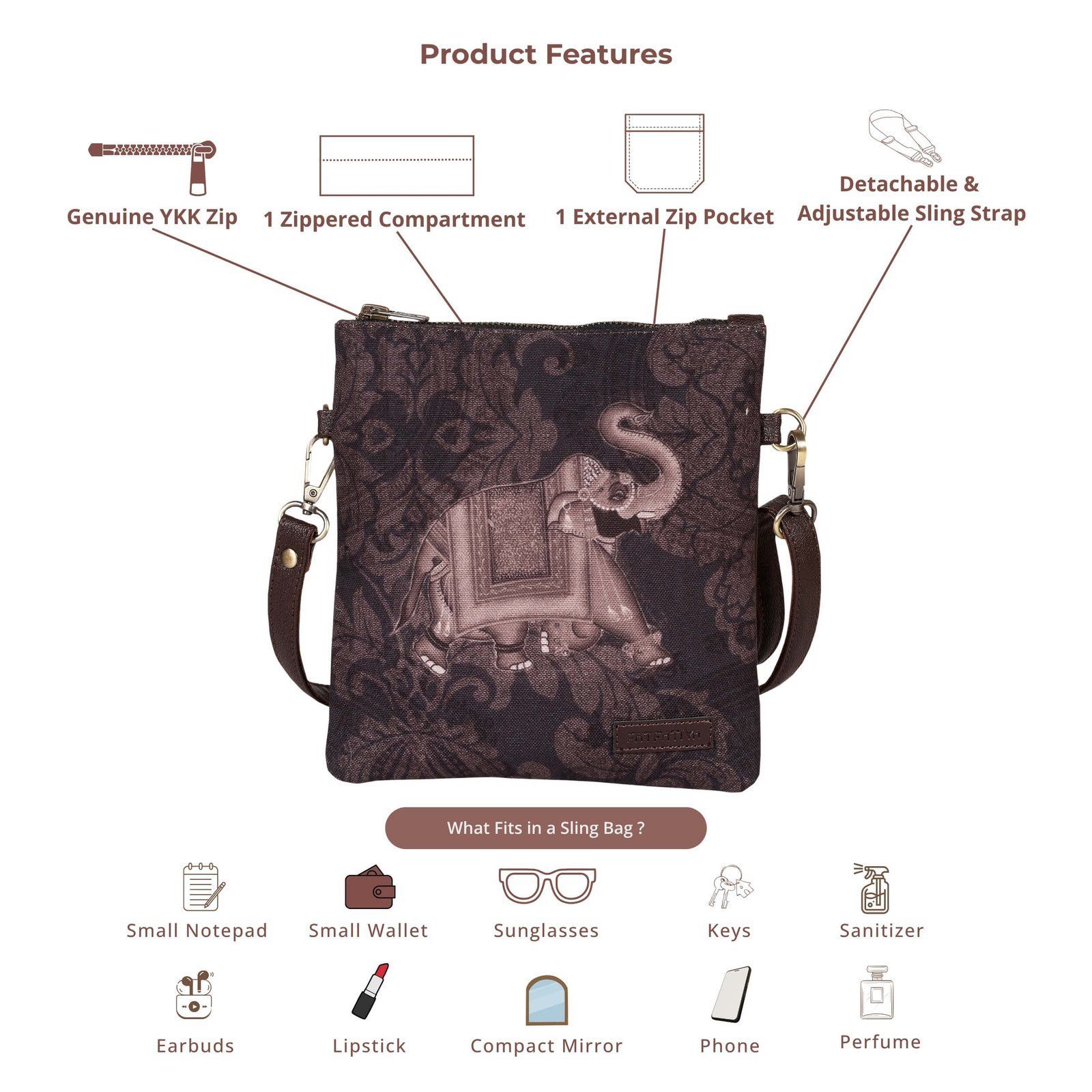 Royal Elephant Print Canvas Sling Bag image 5