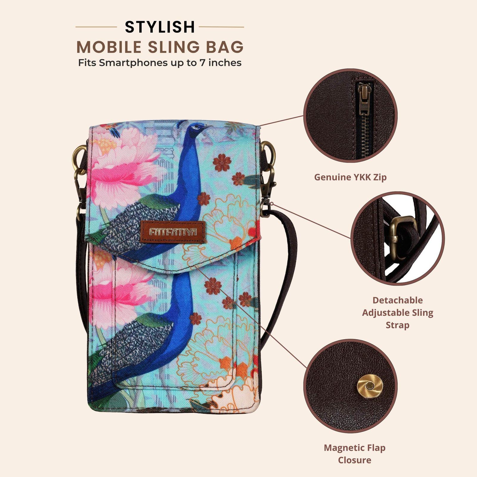 Peacock Print Mobile Sling Bag For Women | Floral Crossbody Phone Bag Small Purse image 5