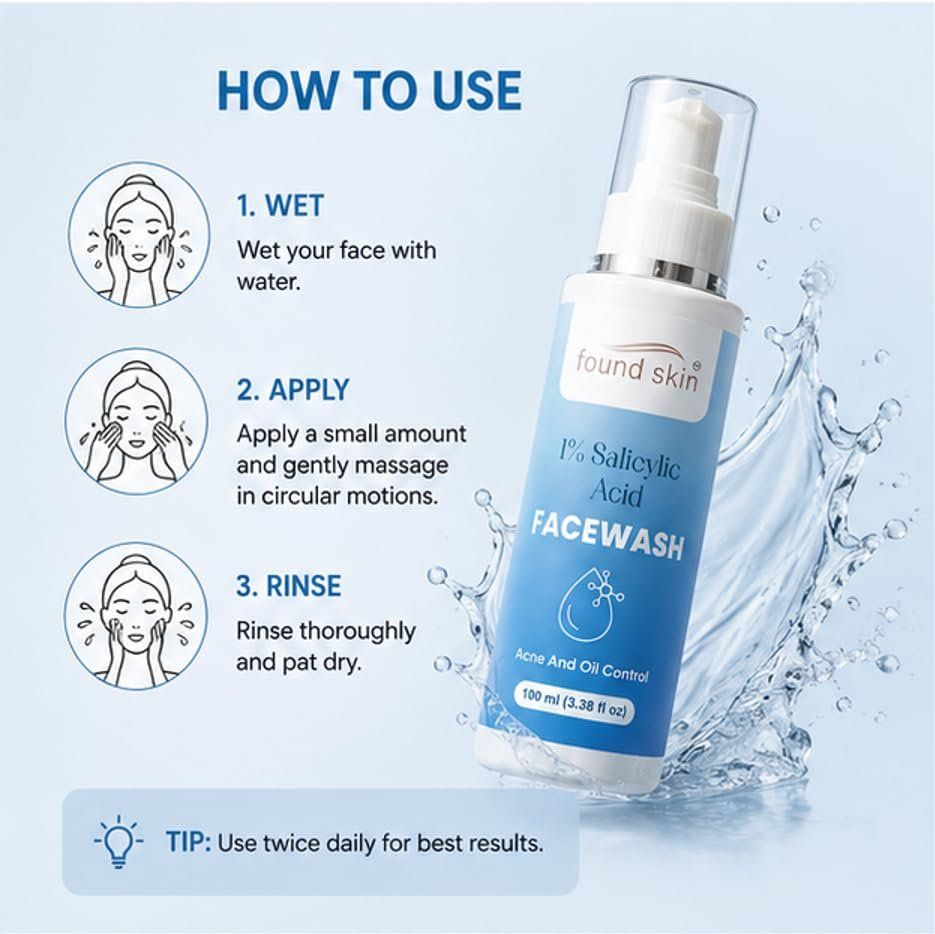 Found Skin 1% Salicylic Acid Face Wash For Acne &AMP; Oil Control, Deep Cleansing Daily Cleanser For Oily &AMP; Acne Prone Skin, 100ML image 2