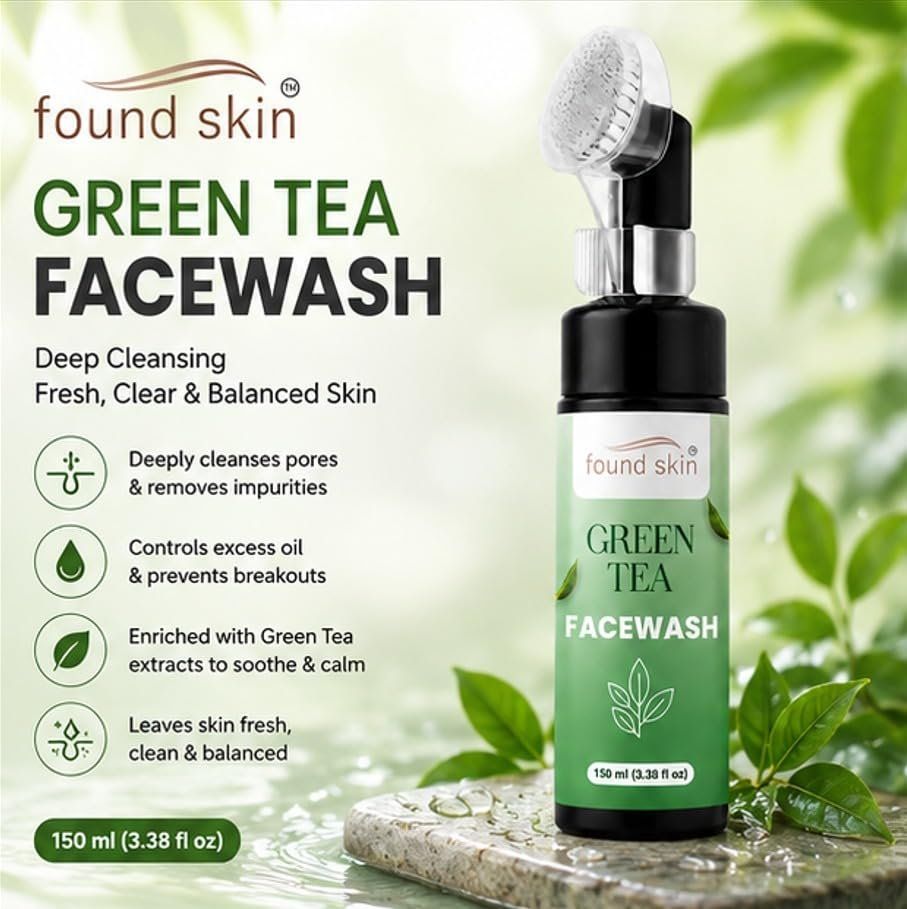 Found Skin Green Tea Face Wash With Built-in Silicone Brush | Deep Cleansing Oil Control Face Cleanser For Acne, Blackheads & Pimples | 150ML image 2