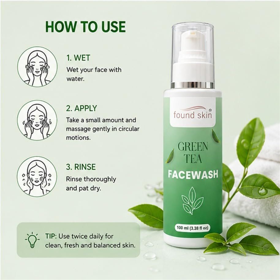 Found Skin Green Tea Face Wash | Deep Pore Cleansing Oil Control Face Cleanser For Acne, Pimples & Dull Skin | Refreshing Daily Facial Cleanser With Green Tea Extract | 100ML image 2