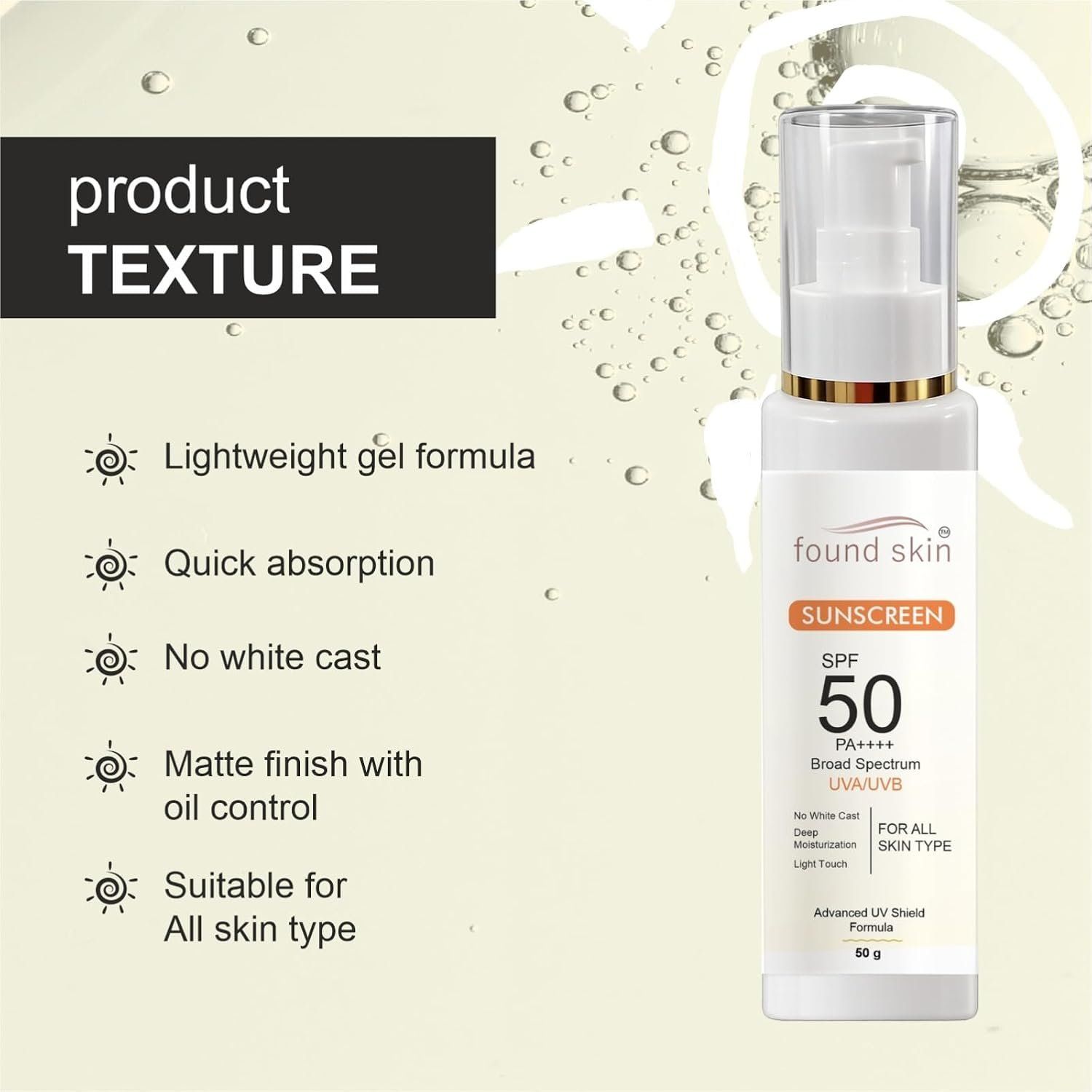 Found Skin Sunscreen Spf 50 Pa++++ | Broad Spectrum Uv Protection | No White Cast | Deep Moisturising Matte Finish | Suitable For All Skin Types | 100G image 2