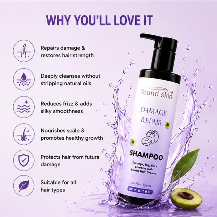 Found Skin Damage Repair Shampoo For Dry, Frizzy And Damaged Hair, Smooth And Nourishing Daily Cleanser, All Hair Types, 200ML image 3