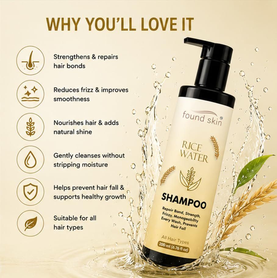 Found Skin Rice Water Shampoo For Hair Strength & Frizz Control | Nourishing Daily Shampoo For Smooth, Manageable & Healthy Looking Hair | All Hair Types 200ML image 3