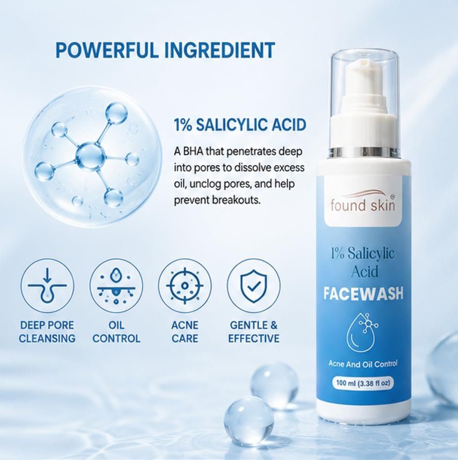 Found Skin 1% Salicylic Acid Face Wash For Acne &AMP; Oil Control, Deep Cleansing Daily Cleanser For Oily &AMP; Acne Prone Skin, 100ML image 3
