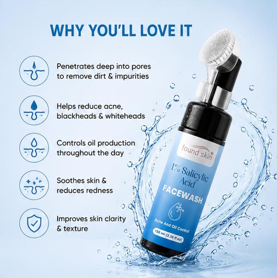 Found Skin 1% Salicylic Acid Face Wash For Acne &AMP; Oil Control | Deep Cleansing Daily Face Cleanser For Oily &AMP; Acne Prone Skin | Gentle Exfoliating Facewash 150ML image 3