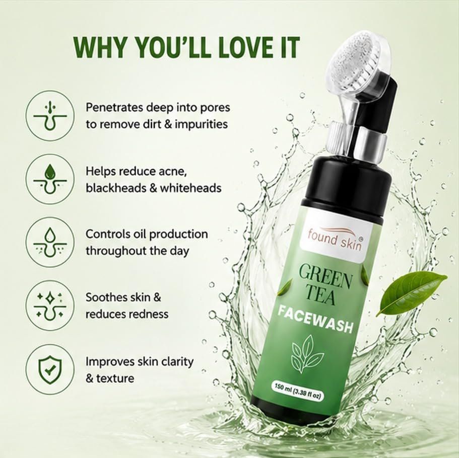 Found Skin Green Tea Face Wash With Built-in Silicone Brush | Deep Cleansing Oil Control Face Cleanser For Acne, Blackheads & Pimples | 150ML image 3