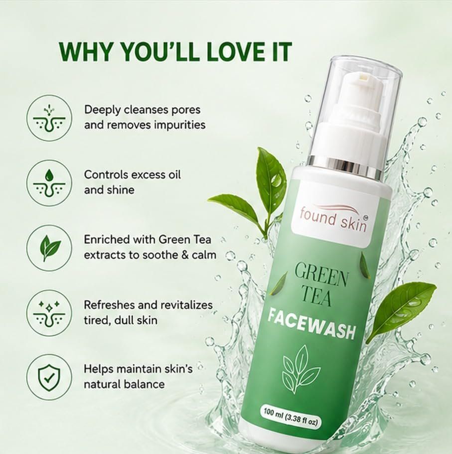 Found Skin Green Tea Face Wash | Deep Pore Cleansing Oil Control Face Cleanser For Acne, Pimples & Dull Skin | Refreshing Daily Facial Cleanser With Green Tea Extract | 100ML image 3