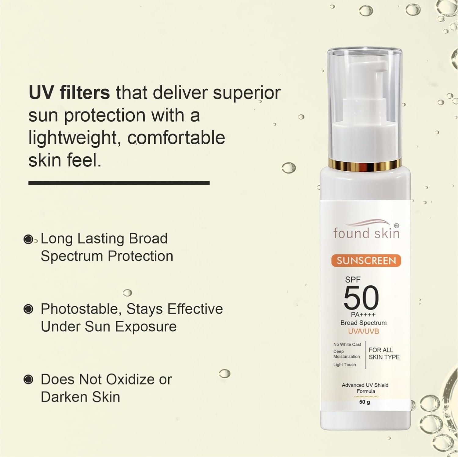 Found Skin Sunscreen Spf 50 Pa++++ | Broad Spectrum Uv Protection | No White Cast | Deep Moisturising Matte Finish | Suitable For All Skin Types | 100G image 3