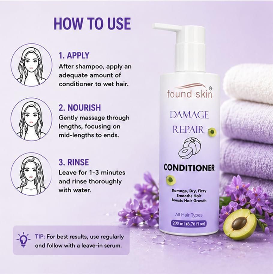 Found Skin Damage Repair Formula Nourishing Daily Conditioner For Dry, Frizzy & Weak Strands For Smooth & Manageable Hair 200ML image 3