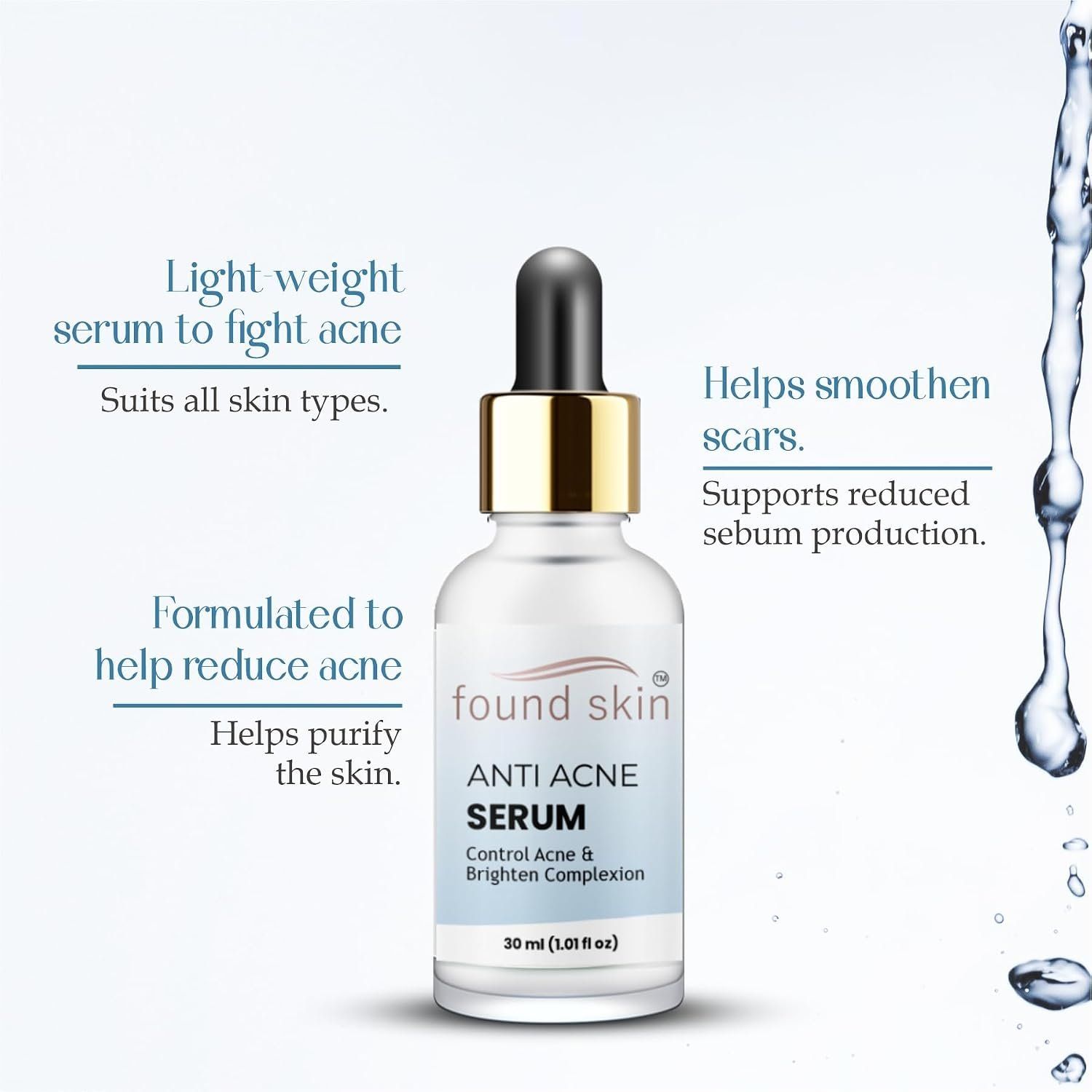 Found Skin Anti Acne Serum 15% | Fights Acne &AMP; Pimples | Unclogs Pores | Reduces Blackheads &AMP; Excess Oil | Lightweight, Non-greasy Formula | For All Skin Types | 30ML image 4