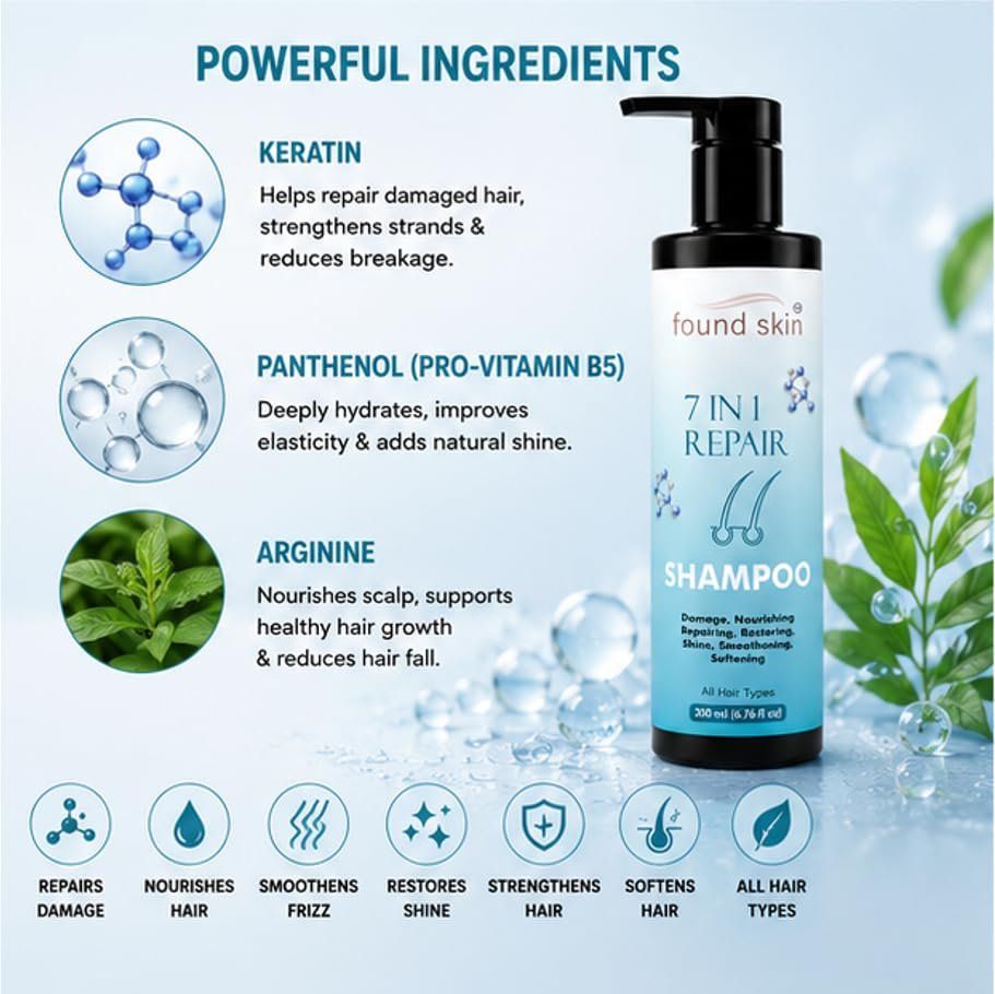 Found Skin 7 In 1 Repair Shampoo For Dry, Damaged & Dull Strands | Nourishing Daily Cleanser For Smooth & Healthy-looking Hair 200ML image 4