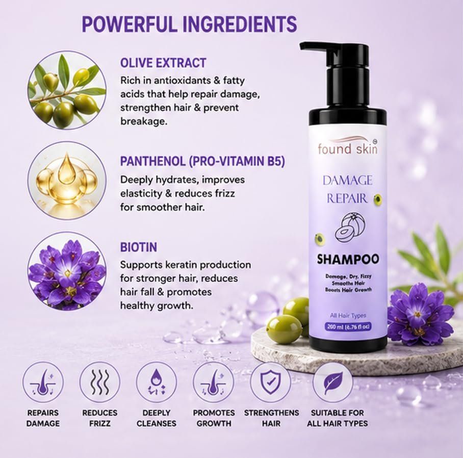 Found Skin Damage Repair Shampoo For Dry, Frizzy And Damaged Hair, Smooth And Nourishing Daily Cleanser, All Hair Types, 200ML image 4