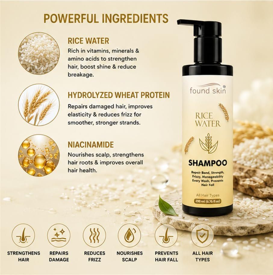 Found Skin Rice Water Shampoo For Hair Strength & Frizz Control | Nourishing Daily Shampoo For Smooth, Manageable & Healthy Looking Hair | All Hair Types 200ML image 4