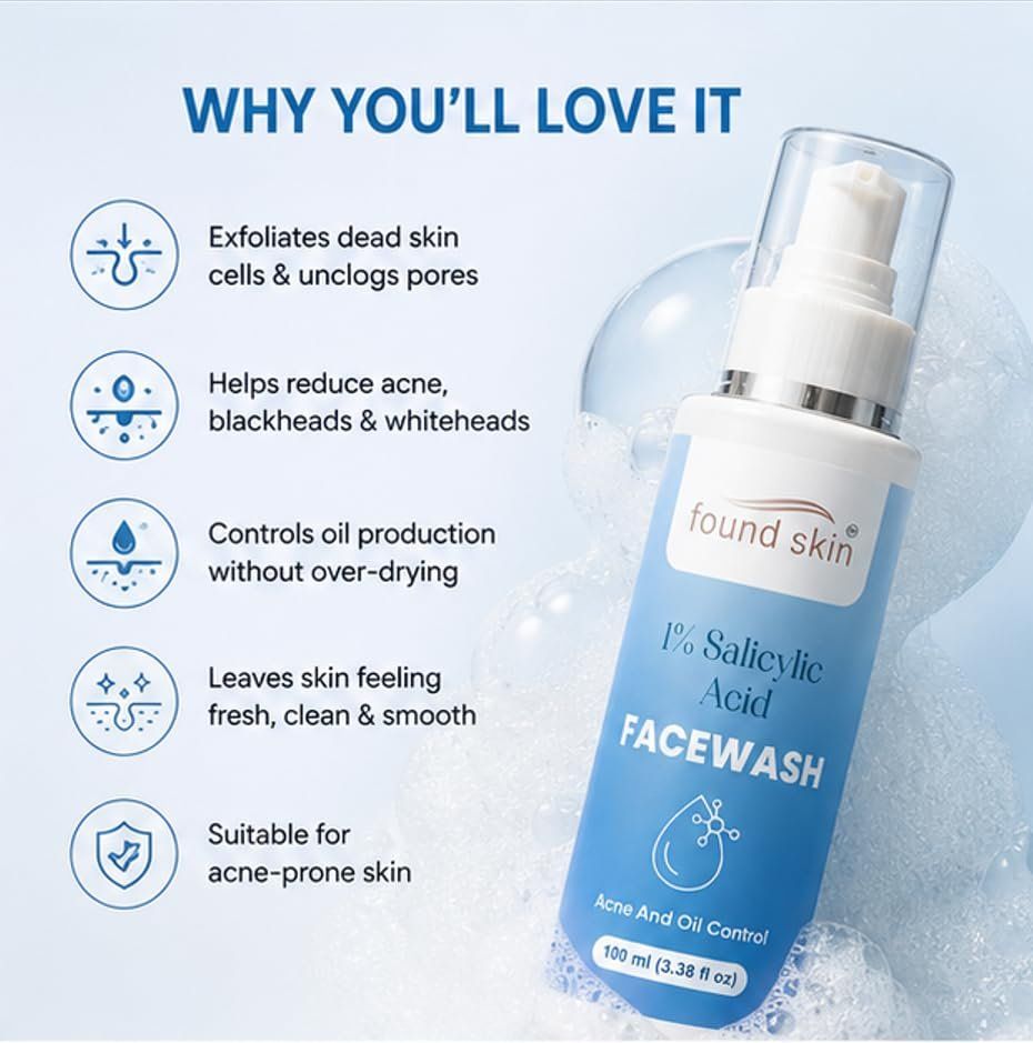 Found Skin 1% Salicylic Acid Face Wash For Acne &AMP; Oil Control, Deep Cleansing Daily Cleanser For Oily &AMP; Acne Prone Skin, 100ML image 4
