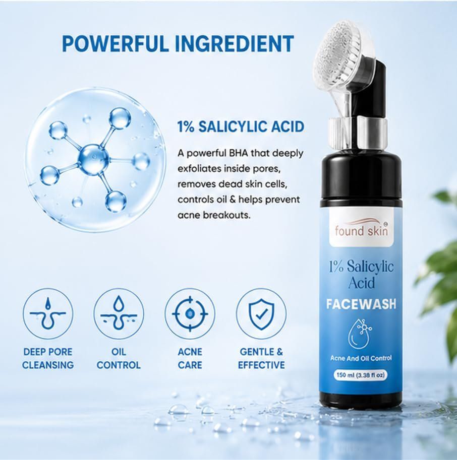 Found Skin 1% Salicylic Acid Face Wash For Acne &AMP; Oil Control | Deep Cleansing Daily Face Cleanser For Oily &AMP; Acne Prone Skin | Gentle Exfoliating Facewash 150ML image 4