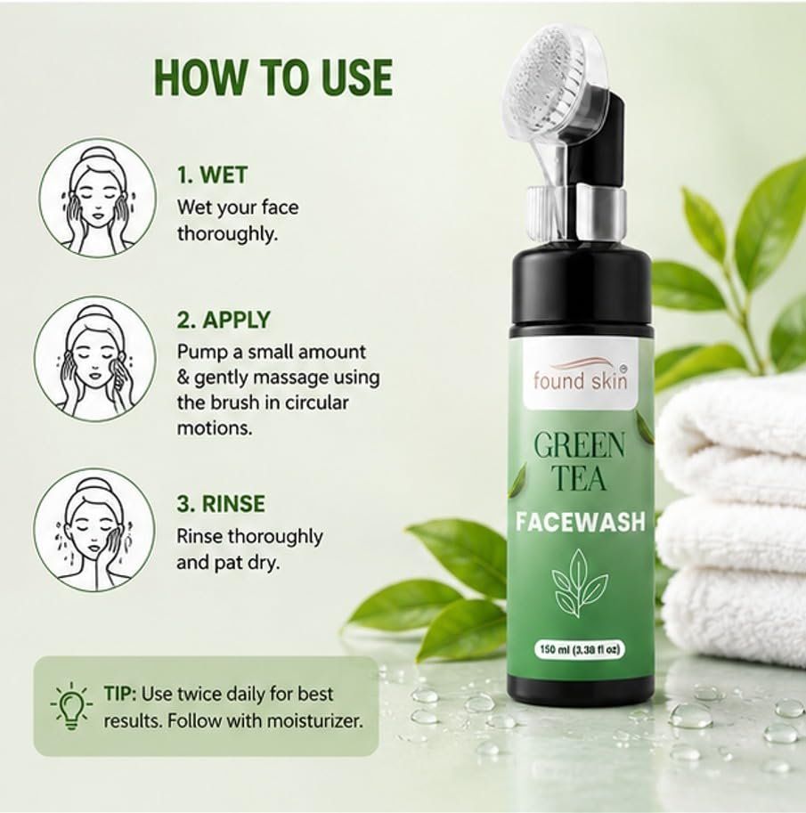 Found Skin Green Tea Face Wash With Built-in Silicone Brush | Deep Cleansing Oil Control Face Cleanser For Acne, Blackheads & Pimples | 150ML image 4