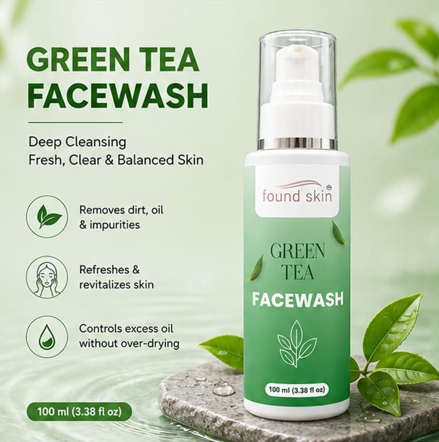 Found Skin Green Tea Face Wash | Deep Pore Cleansing Oil Control Face Cleanser For Acne, Pimples & Dull Skin | Refreshing Daily Facial Cleanser With Green Tea Extract | 100ML image 4