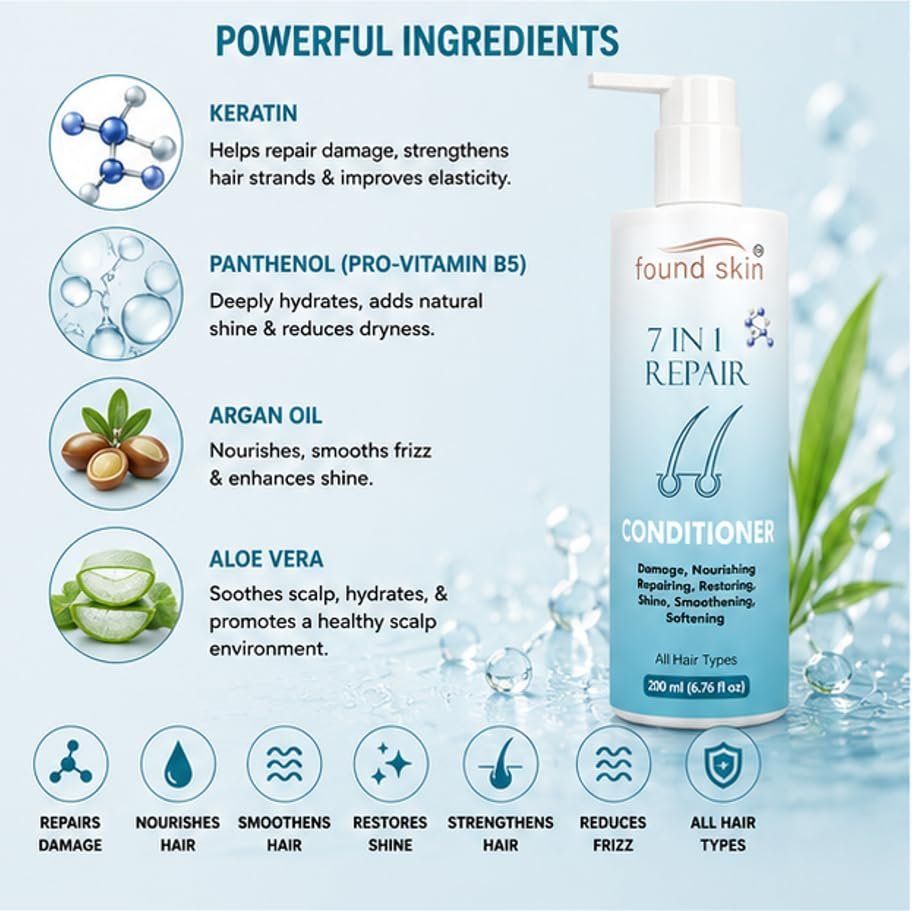 Found Skin 7 In 1 Repair Nourishing Conditioner For Smooth & Manageable Strands | Daily Use Restoring Care For Dry & Rough Texture | All Types 200ML image 4