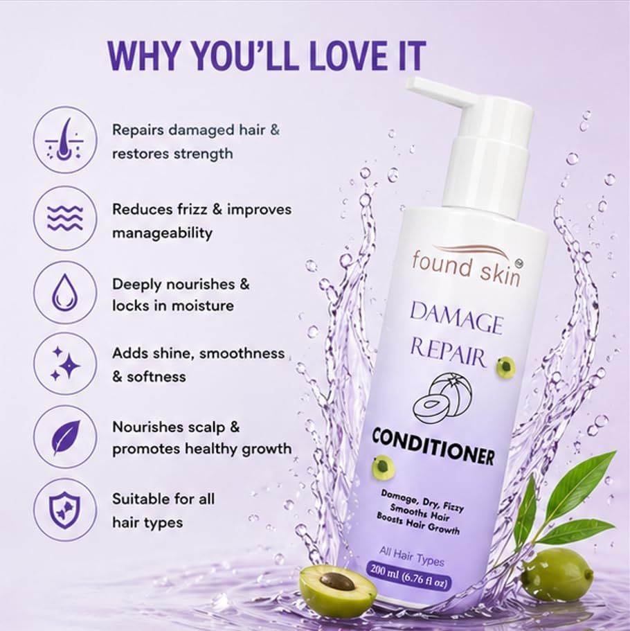 Found Skin Damage Repair Formula Nourishing Daily Conditioner For Dry, Frizzy & Weak Strands For Smooth & Manageable Hair 200ML image 4